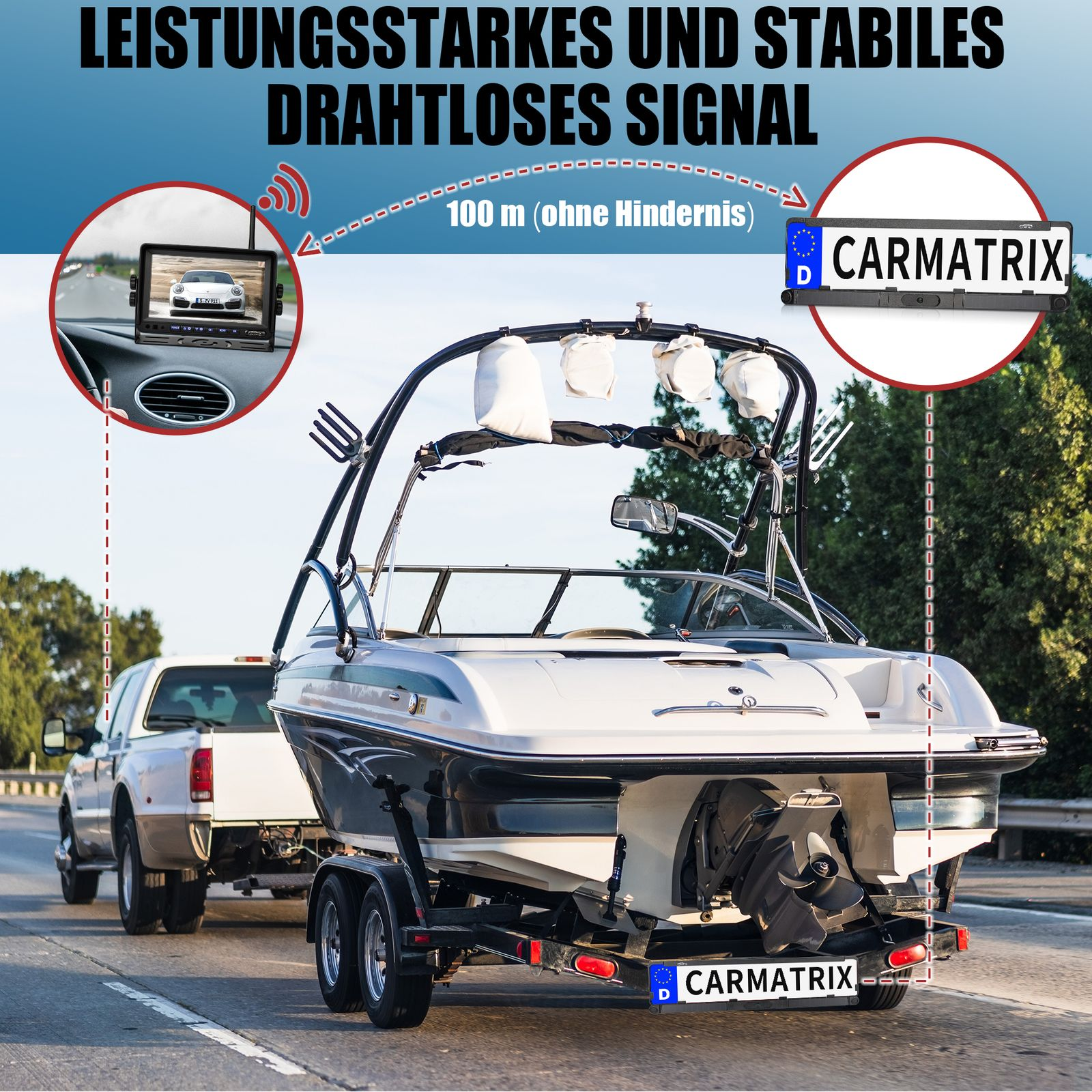 Boot auf Anhänger, gezogen von LKW. Tablet zeigt Bootsbild, mit WLAN-Infos. Text sagt 'CARMATRIX'.