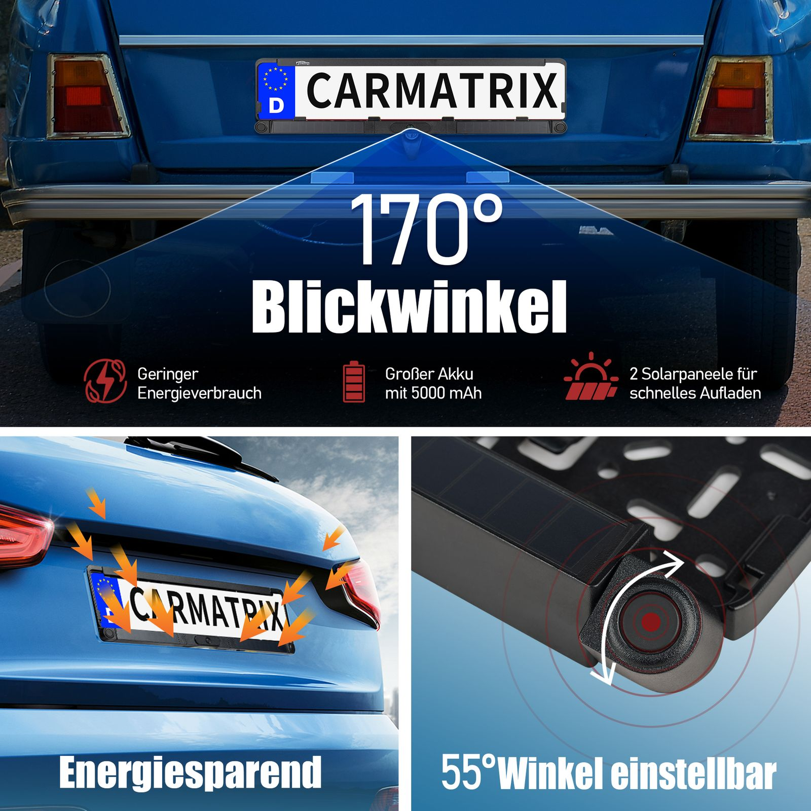 Rückseite eines blauen Autos mit Nummernschild und Gerät mit deutschen Texten. Hintergrund ist eine Straße mit Sonnenlicht.