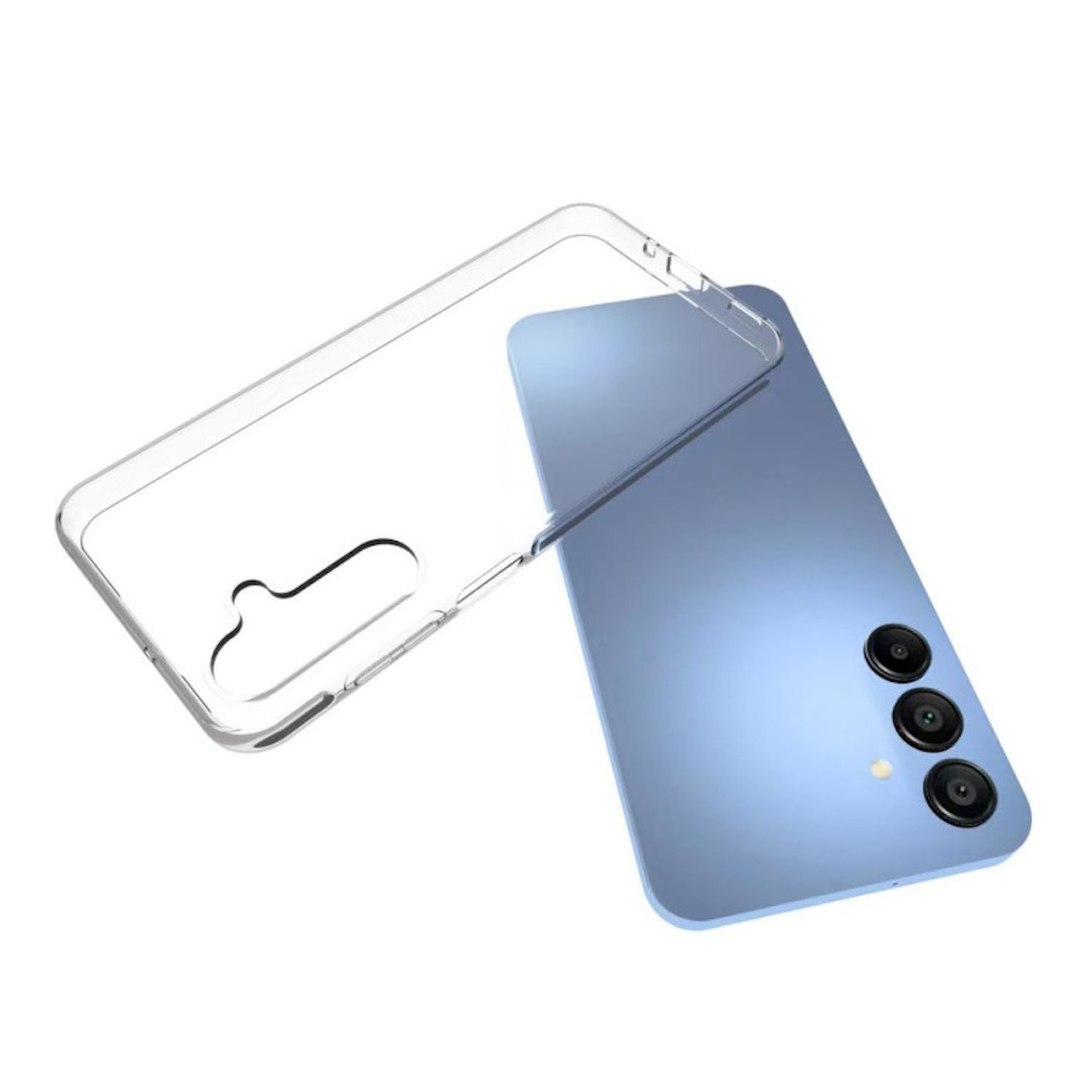 Blaues Telefon mit klarer Hülle. Die Hülle ist geöffnet, über dem Telefon abgewinkelt. Weißer Hintergrund.