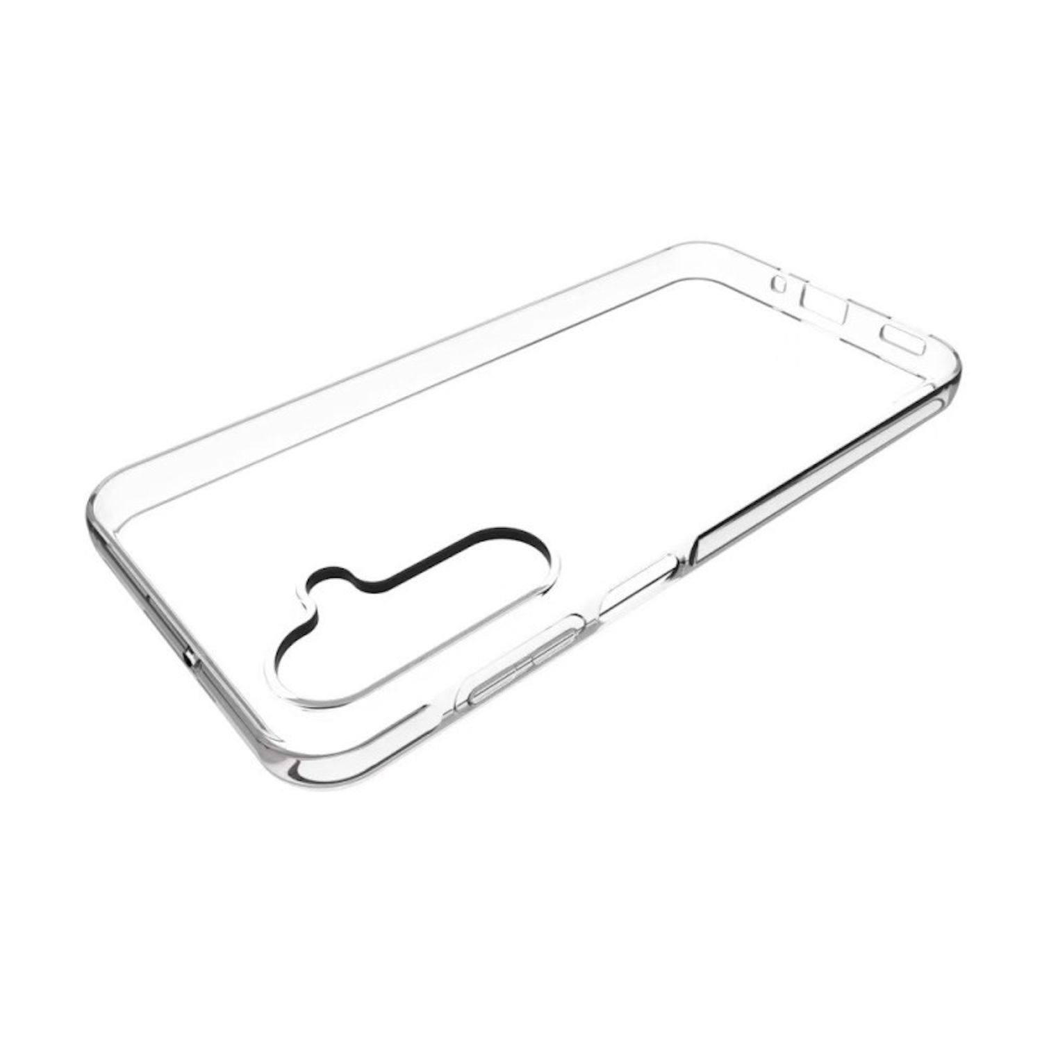 Eine klare, transparente Handyhülle. Sie ist so geformt, dass sie auf ein Telefon passt und Ausschnitte für Anschlüsse und Tasten zeigt.