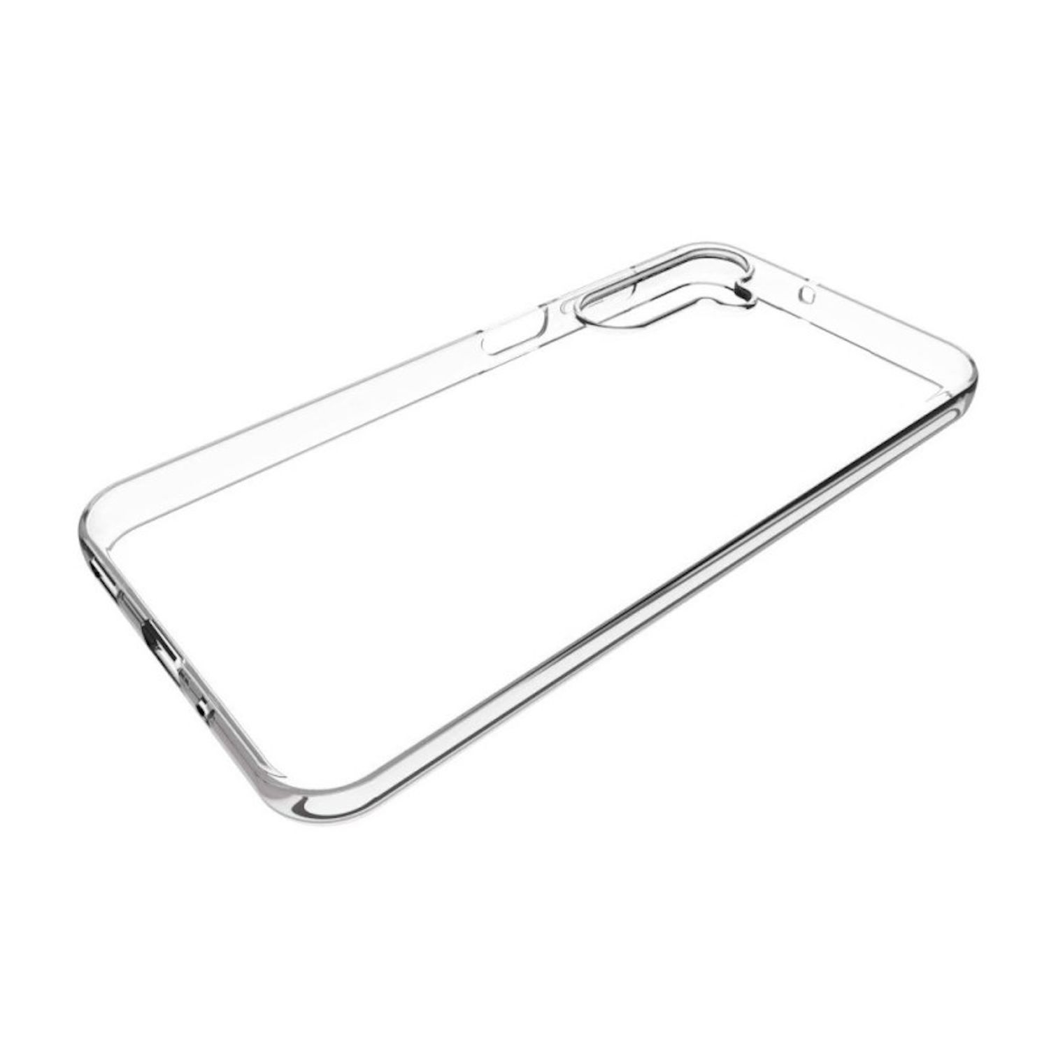 Transparente Handyhülle auf weißem Hintergrund. Sie ist transparent und rechteckig.