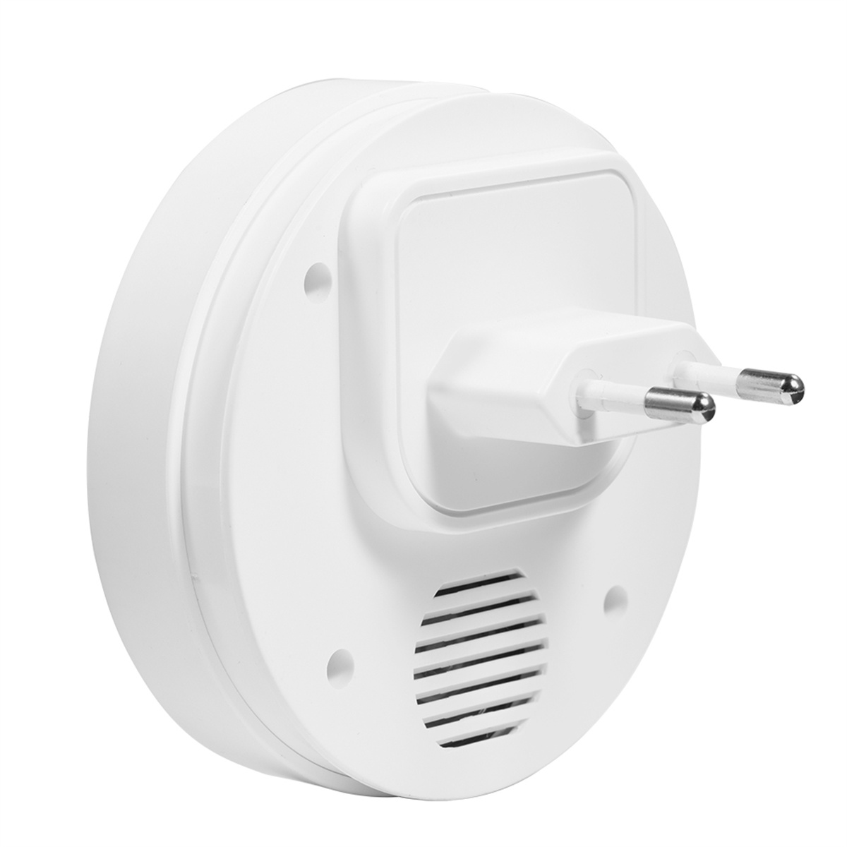 Weißer Plug-in-Empfänger mit Lautsprechergitter und zwei Stiften. Der Empfänger ist kreisförmig und kompakt.