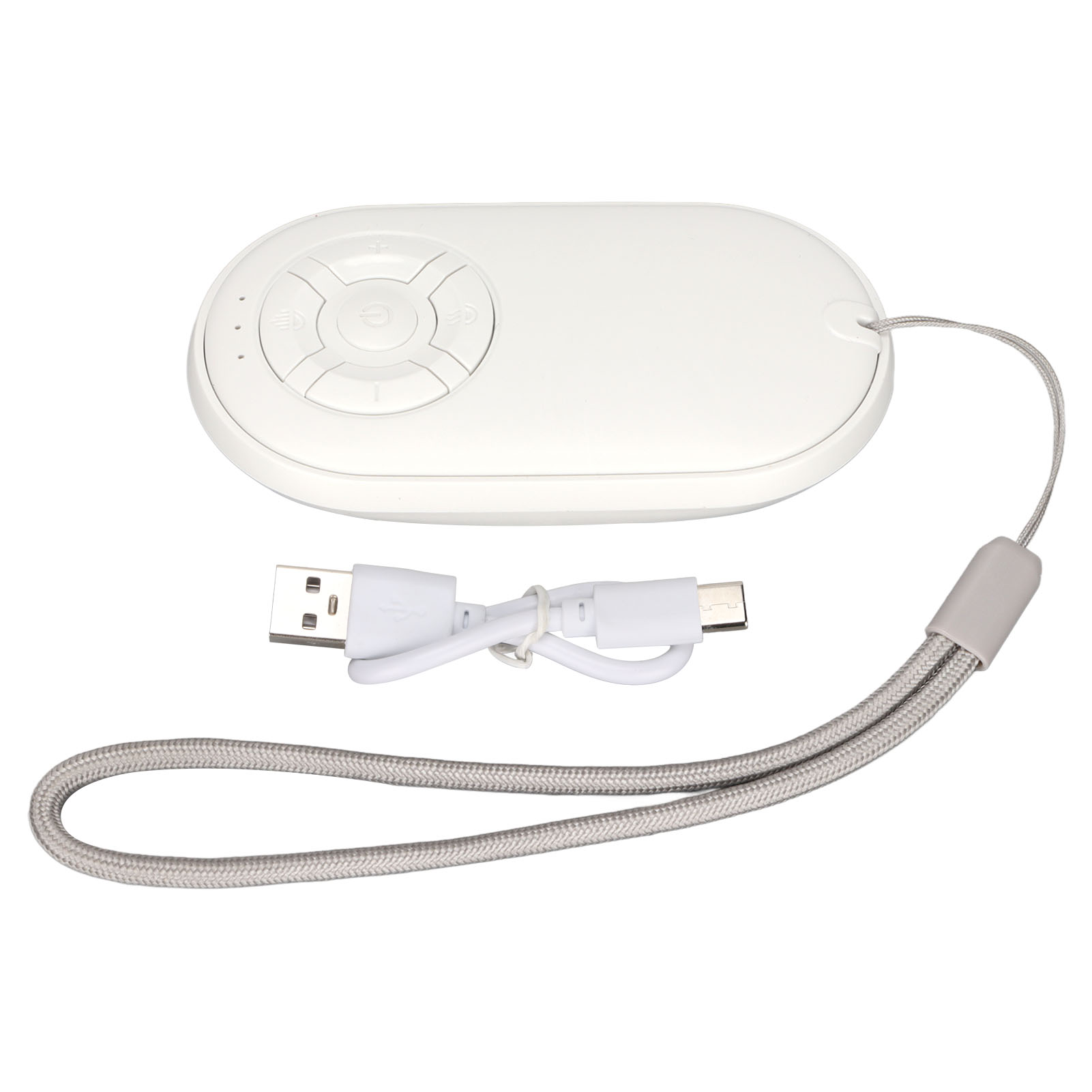 Ein weißes, ovales Gerät mit Knöpfen und einem Riemen. Es hat einen USB- und einen Ladeanschluss.