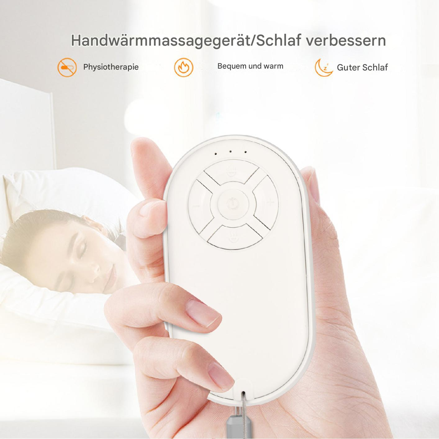 Ein weißes Gerät mit Knöpfen. Es fördert die Handmassage. Der Hintergrund zeigt eine entspannende Frau.
