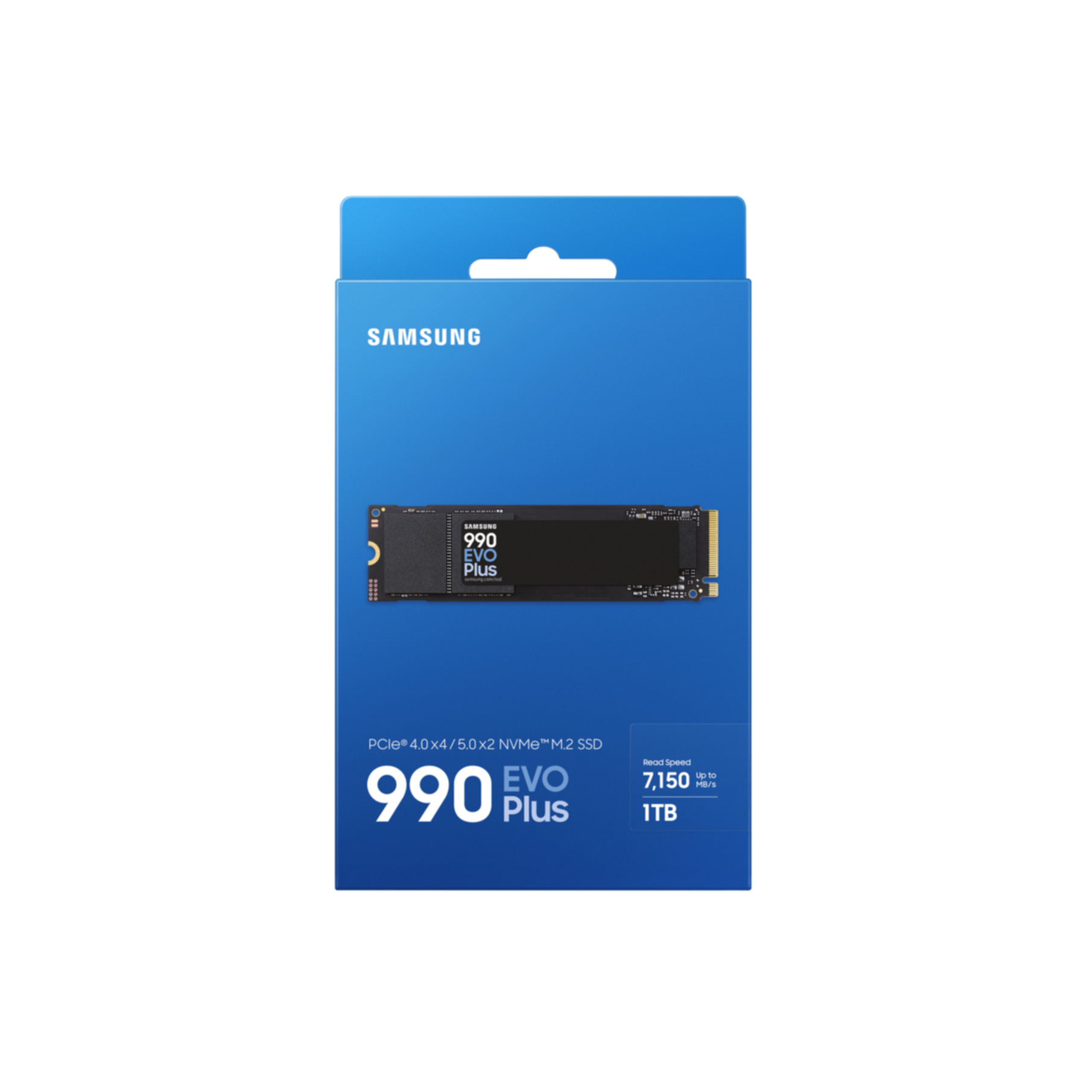 Schachtel für Samsung 990 EVO Plus SSD. Die Schachtel ist blau und enthält Produktinformationen.