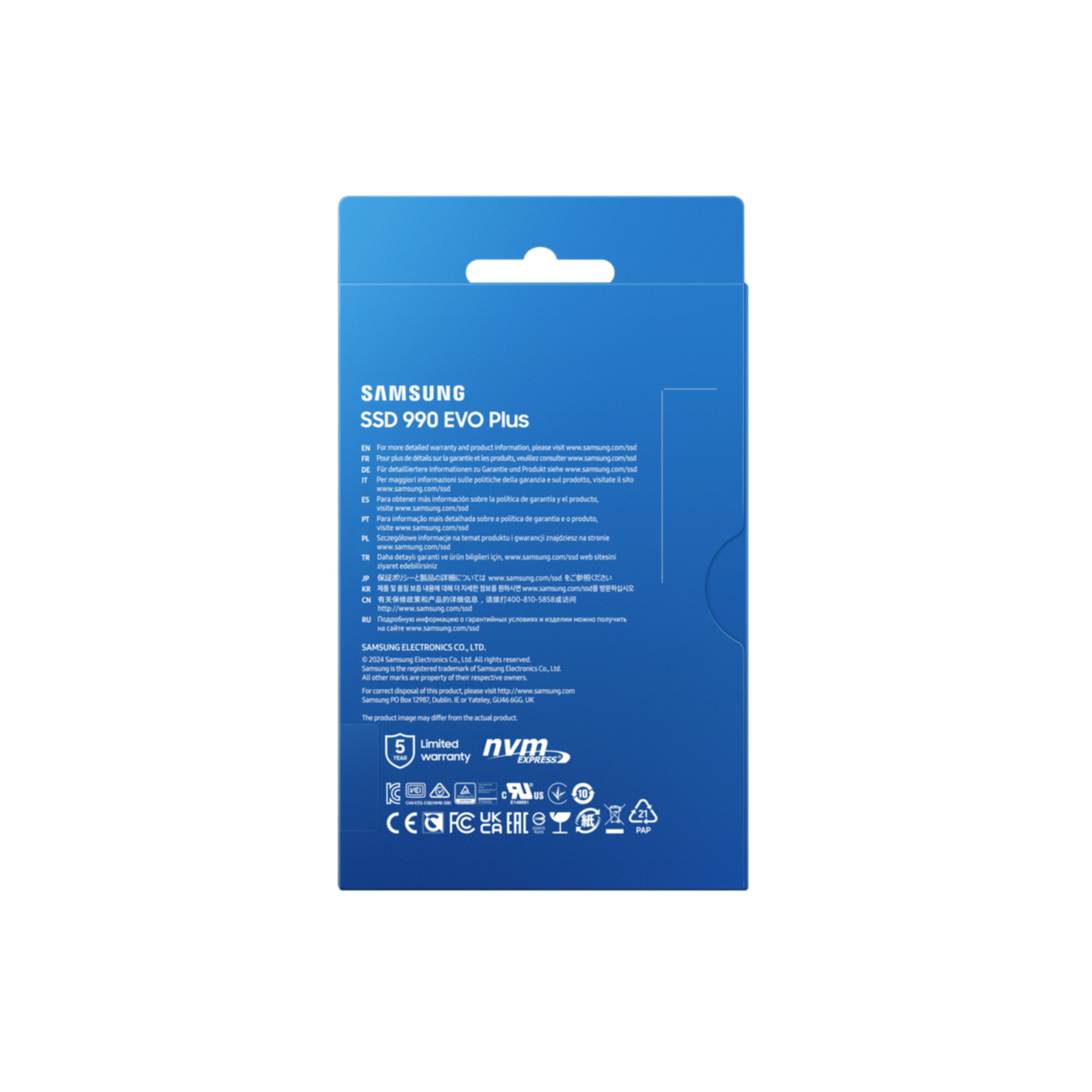 Blaue SSD-Box mit Text und Symbolen auf weißem Hintergrund. Die Marke Samsung ist sichtbar.