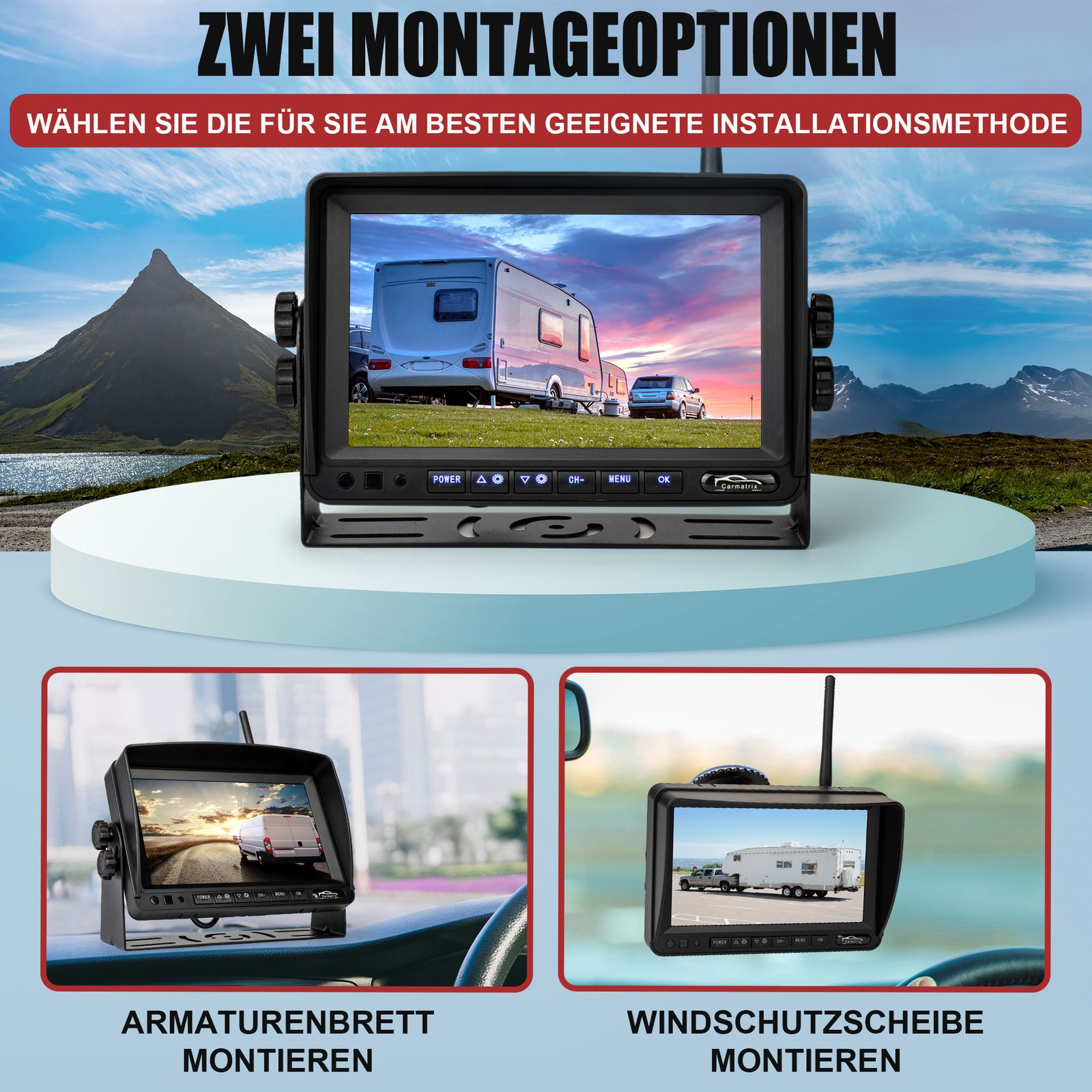 Rückfahrkamera-Bildschirm. Zwei Installationsoptionen. Text auf Deutsch. Weißer Hintergrund.
