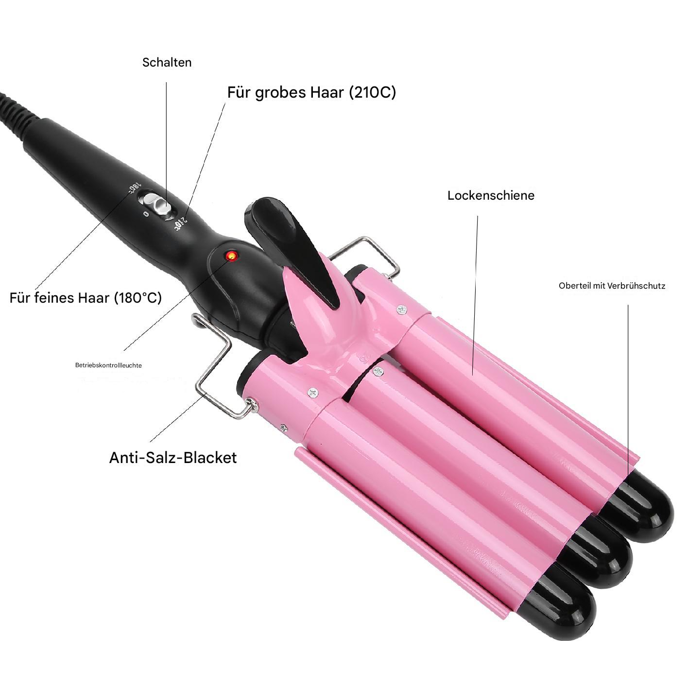 Ein rosa Lockenstab mit drei Heizstäben. Er ist mit Text auf Deutsch beschriftet. Der Lockenstab ist schwarz und rosa.