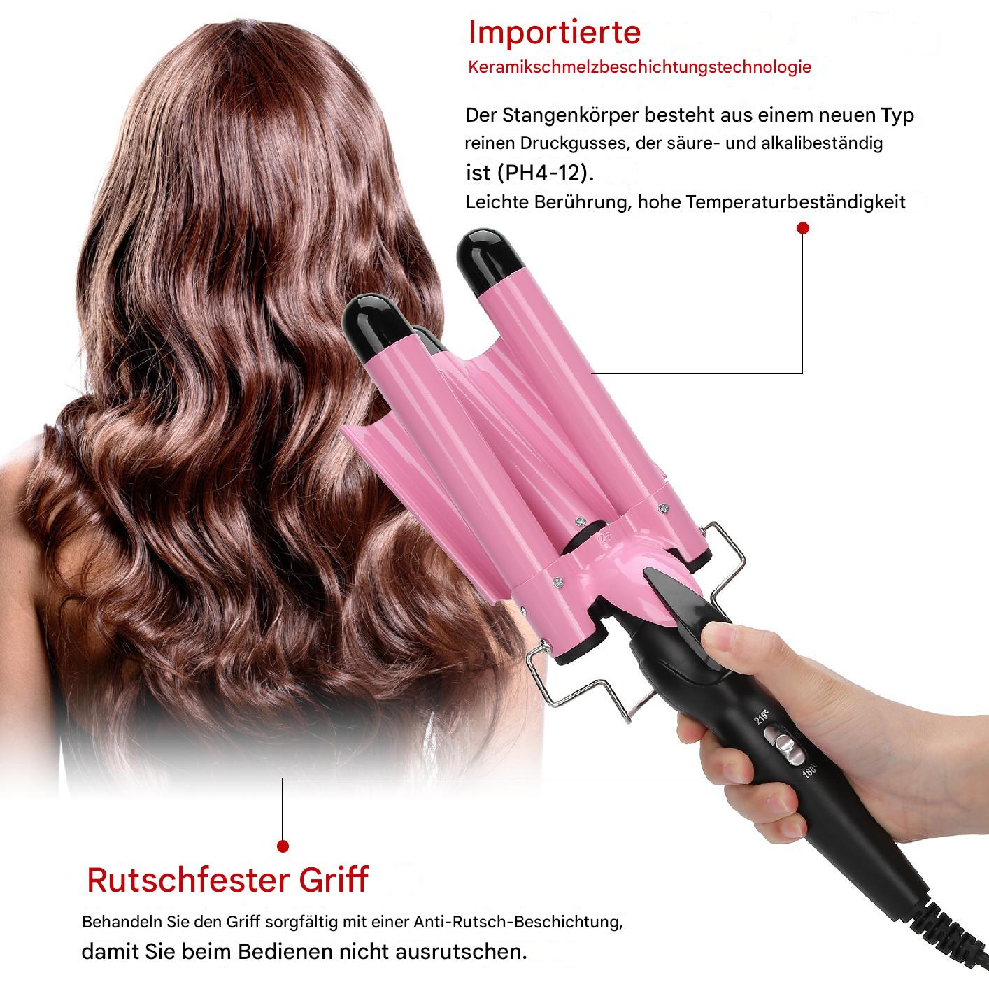 Die Hand einer Frau hält einen rosa Lockenstab. Das Haar ist wellenförmig gestylt.