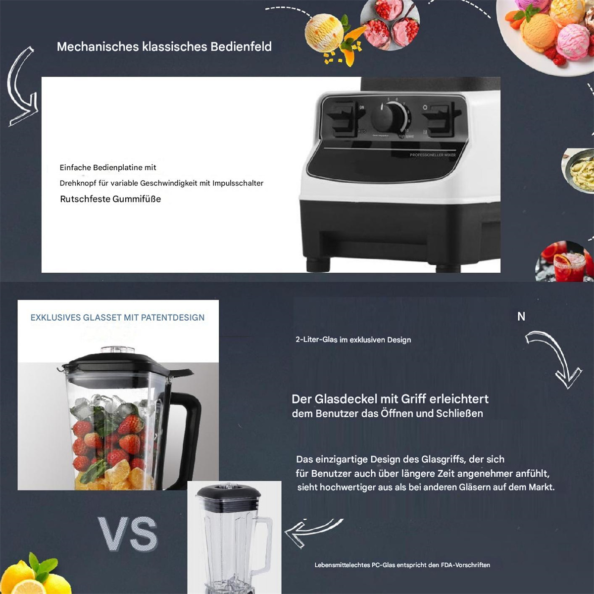 Blenderteile mit Text und Diagrammen. Enthält einen Mixer, einen Behälter mit Erdbeeren und einen Mixerfuß.