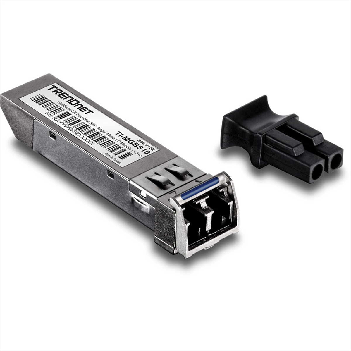 Zilveren TRENDnet SFP-module en een zwarte connector op witte achtergrond.