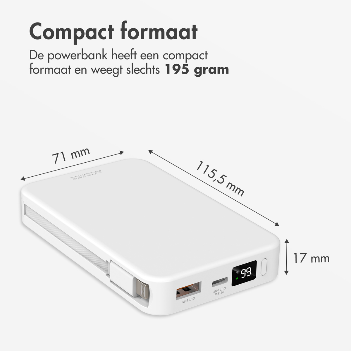 Weisse Powerbank mit Abmessungen und Bildschirm mit 99%. USB-C und Lightning-Anschluss.