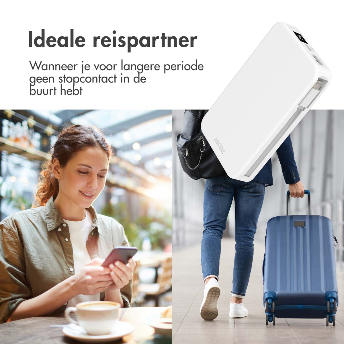 Frau mit Telefon, Mann mit Koffer und weiße Powerbank. Text-Overlay.