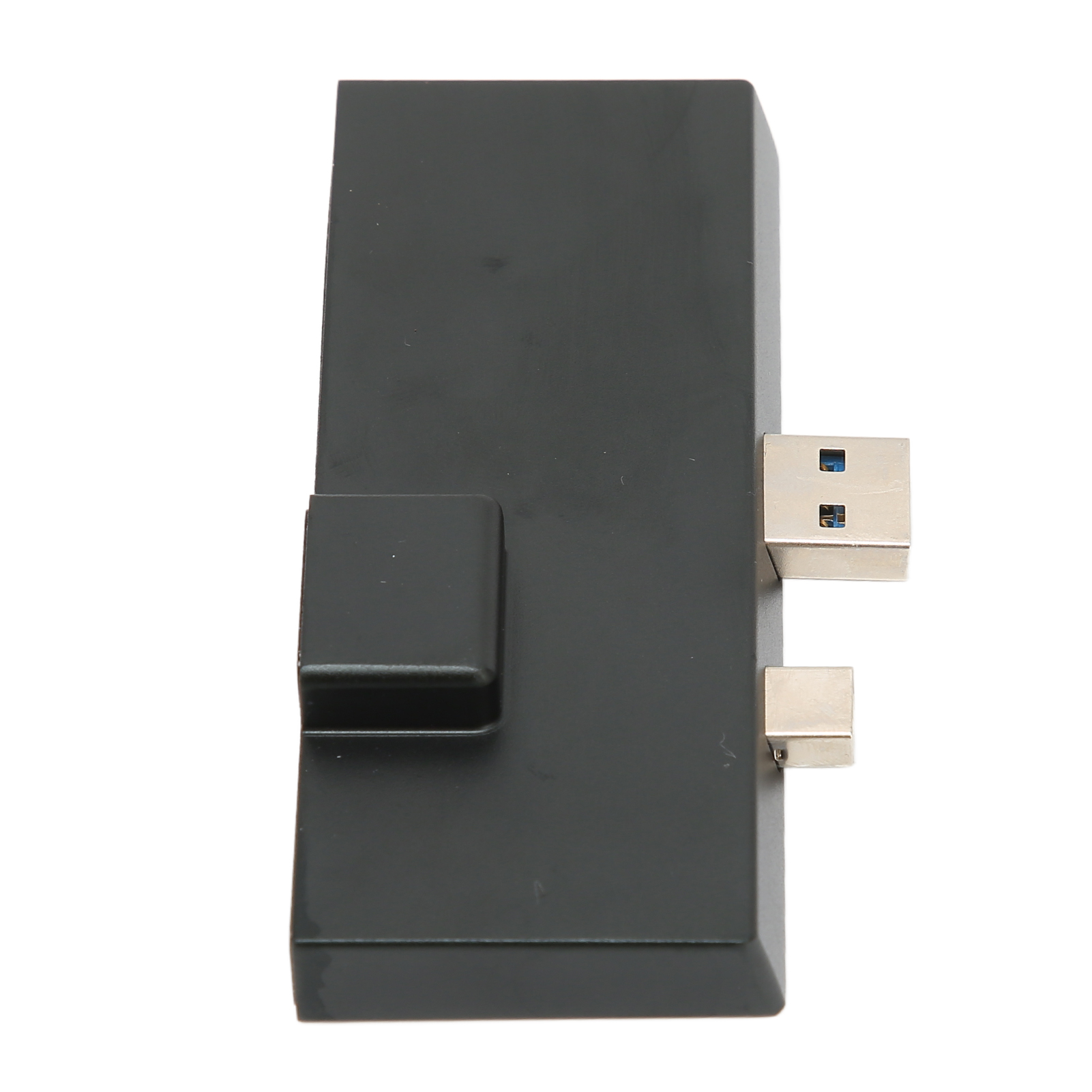 Schwarzer USB-Hub mit USB-Anschluss und quadratischem Anschluss auf weißem Grund.