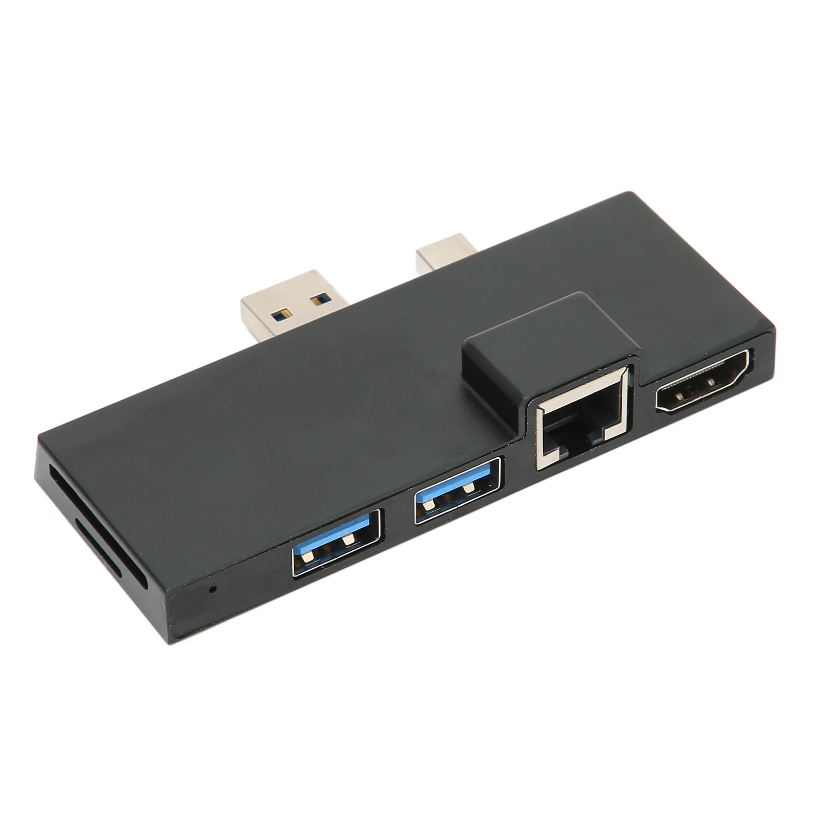 Schwarzer USB-Hub mit mehreren Anschlüssen, einschließlich USB, LAN und HDMI.