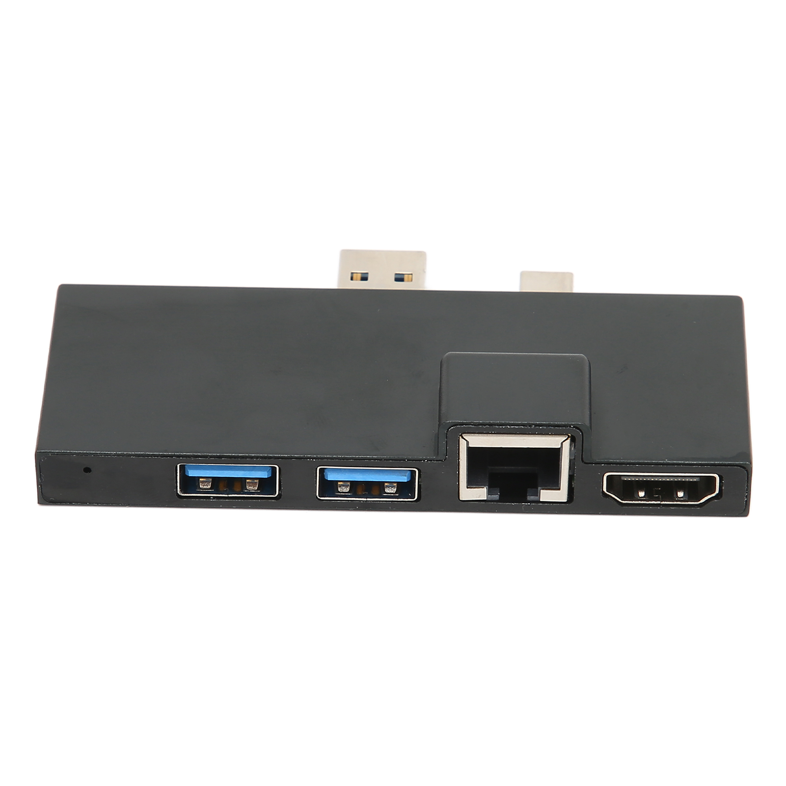 Ein schwarzer USB-Hub mit mehreren Anschlüssen: USB, USB 3.0, RJ45 und HDMI. Weißer Hintergrund.