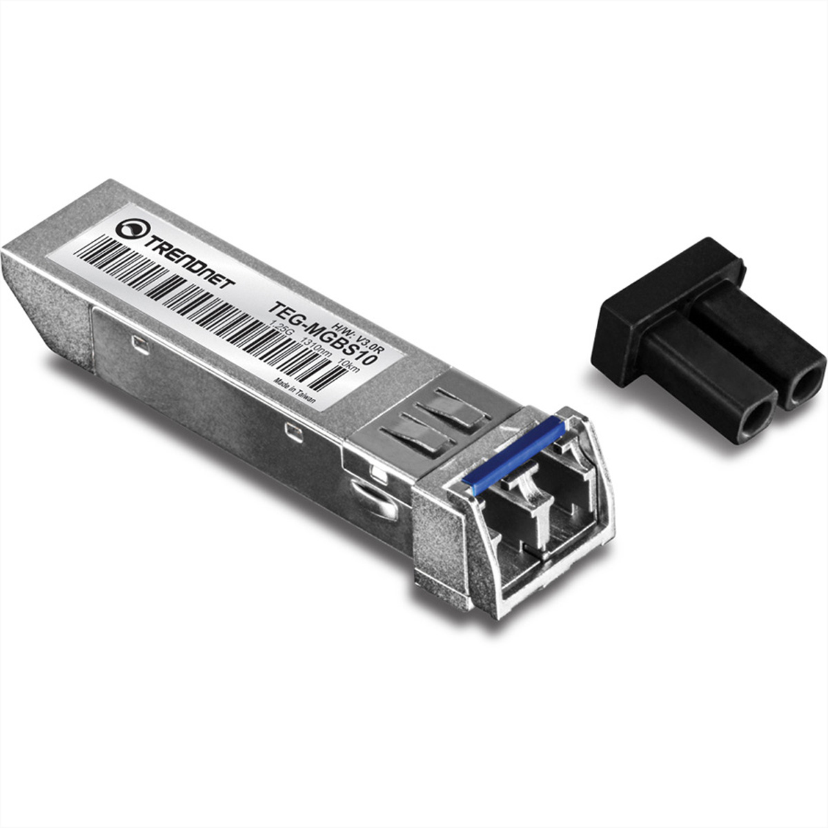 Zilveren en zwarte netwerkmodule en een connector. De netwerkmodule is zilver. De connector is zwart.