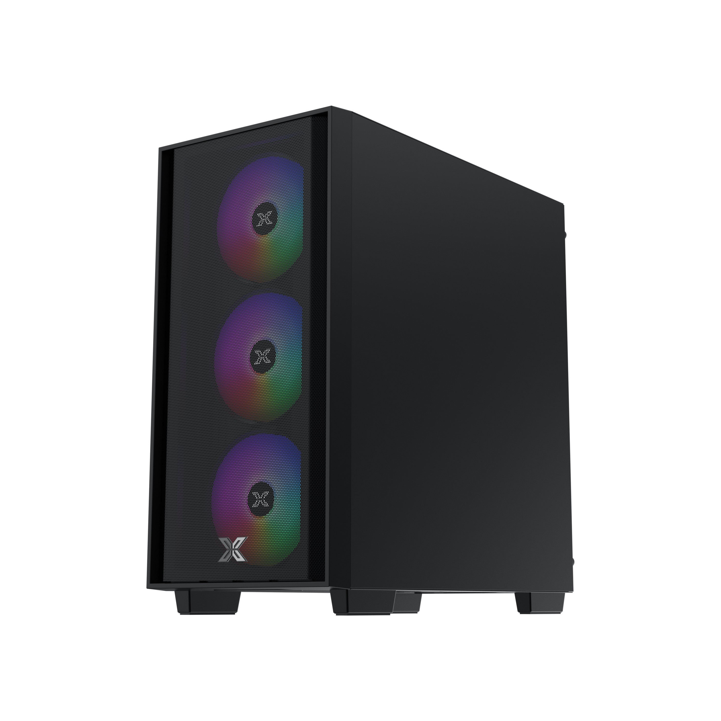 Case per computer nero con tre ventole RGB. Vista laterale.