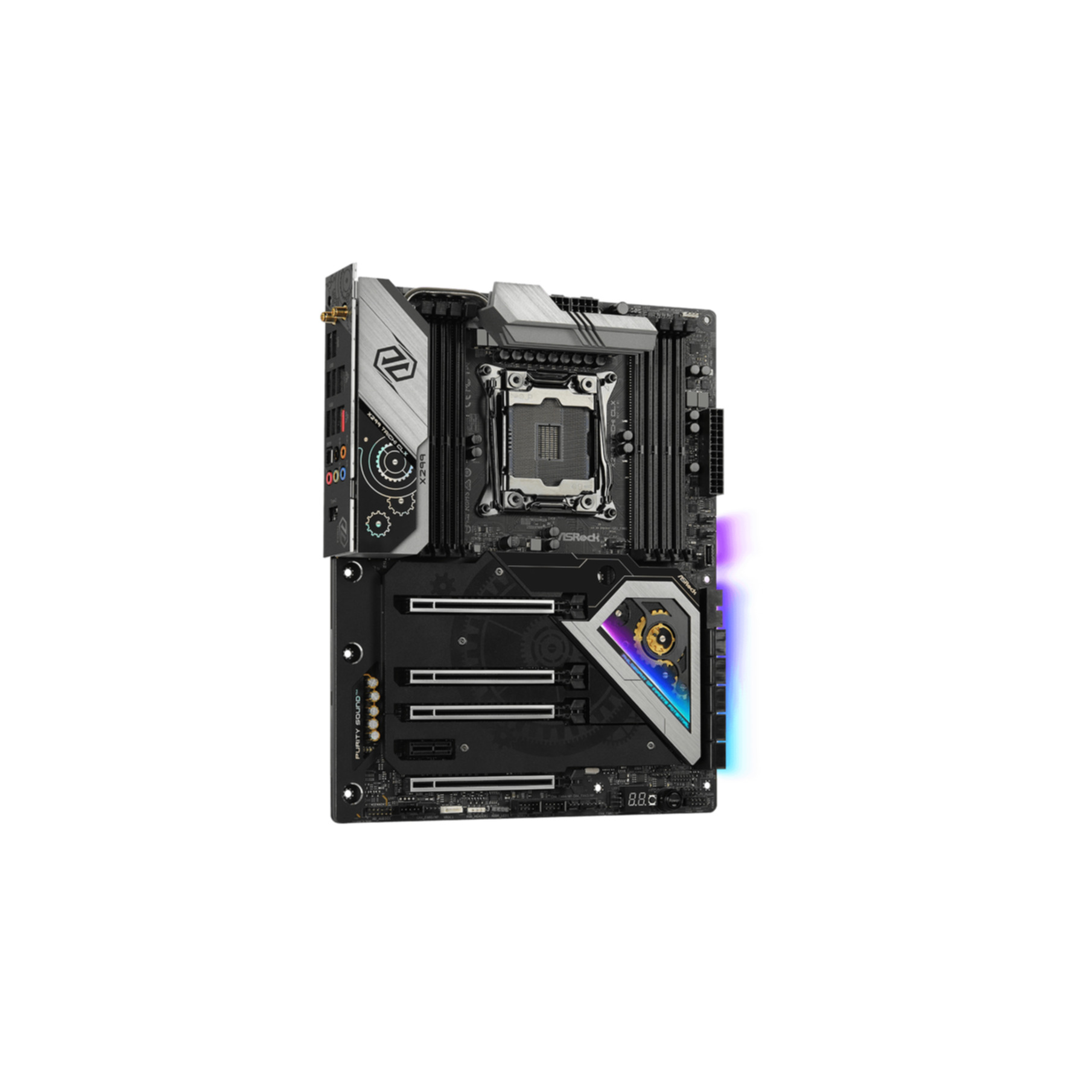 Scheda madre ASRock con design complesso, con vari componenti e schema di colori nero e argento.