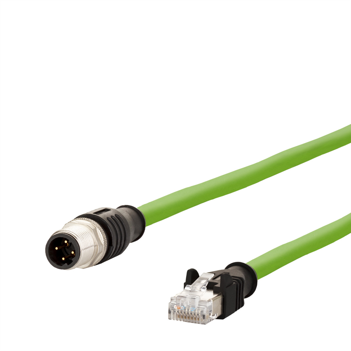 Un câble Ethernet vert avec un connecteur à chaque extrémité. Une extrémité est une prise mâle.