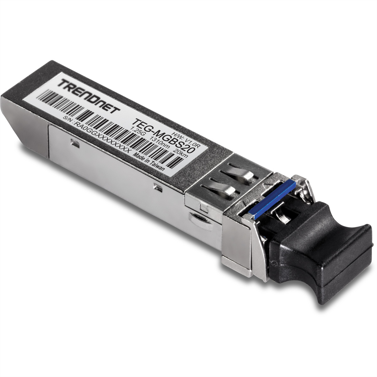 Module Trendnet TEG-MGB S20 argenté et noir. Étiqueté avec du texte.