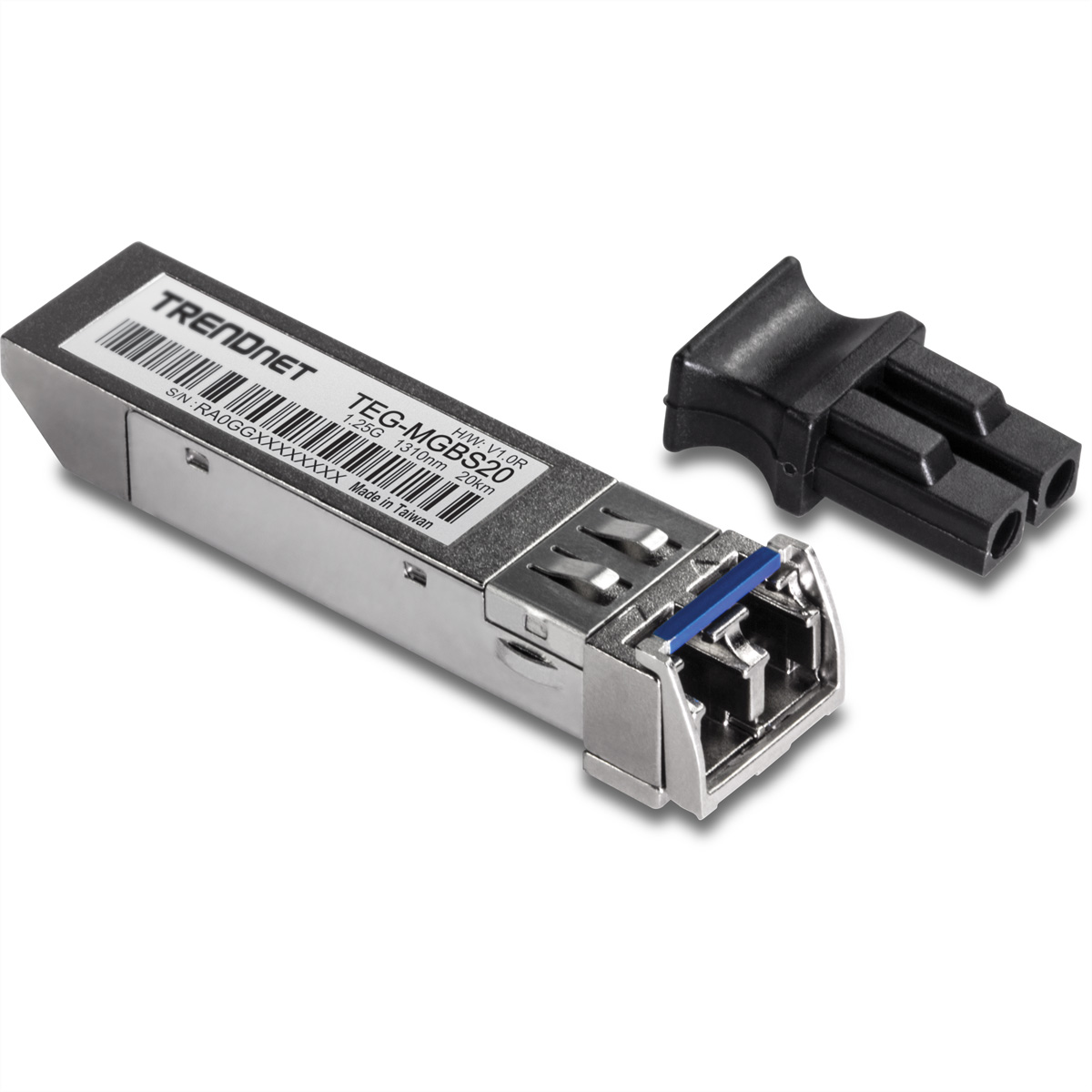 Adaptateur réseau TRENDnet argenté avec un connecteur noir.