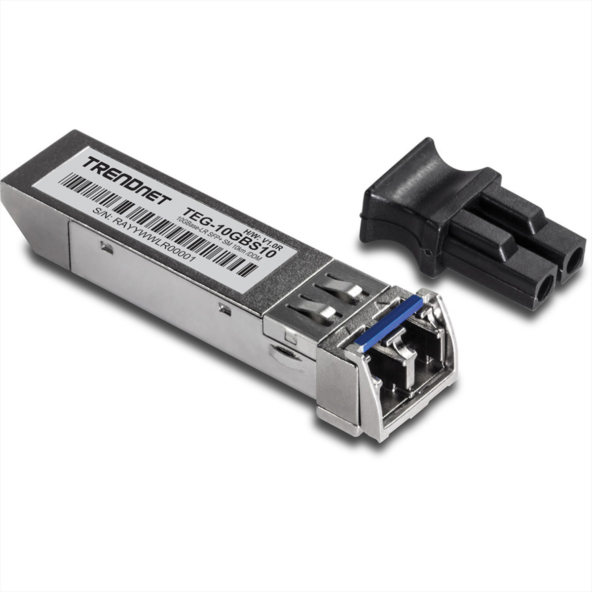 Silbernes SFP-Modul mit Trendnet-Etikett und schwarzem Stecker auf weißem Hintergrund.