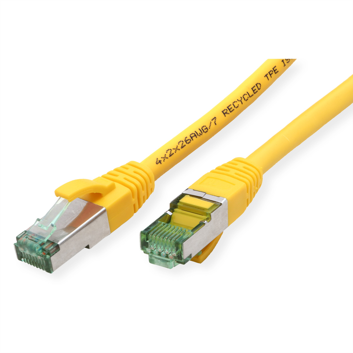 Gele Ethernet-kabel met connectoren. Zilverkleurige connectoren.