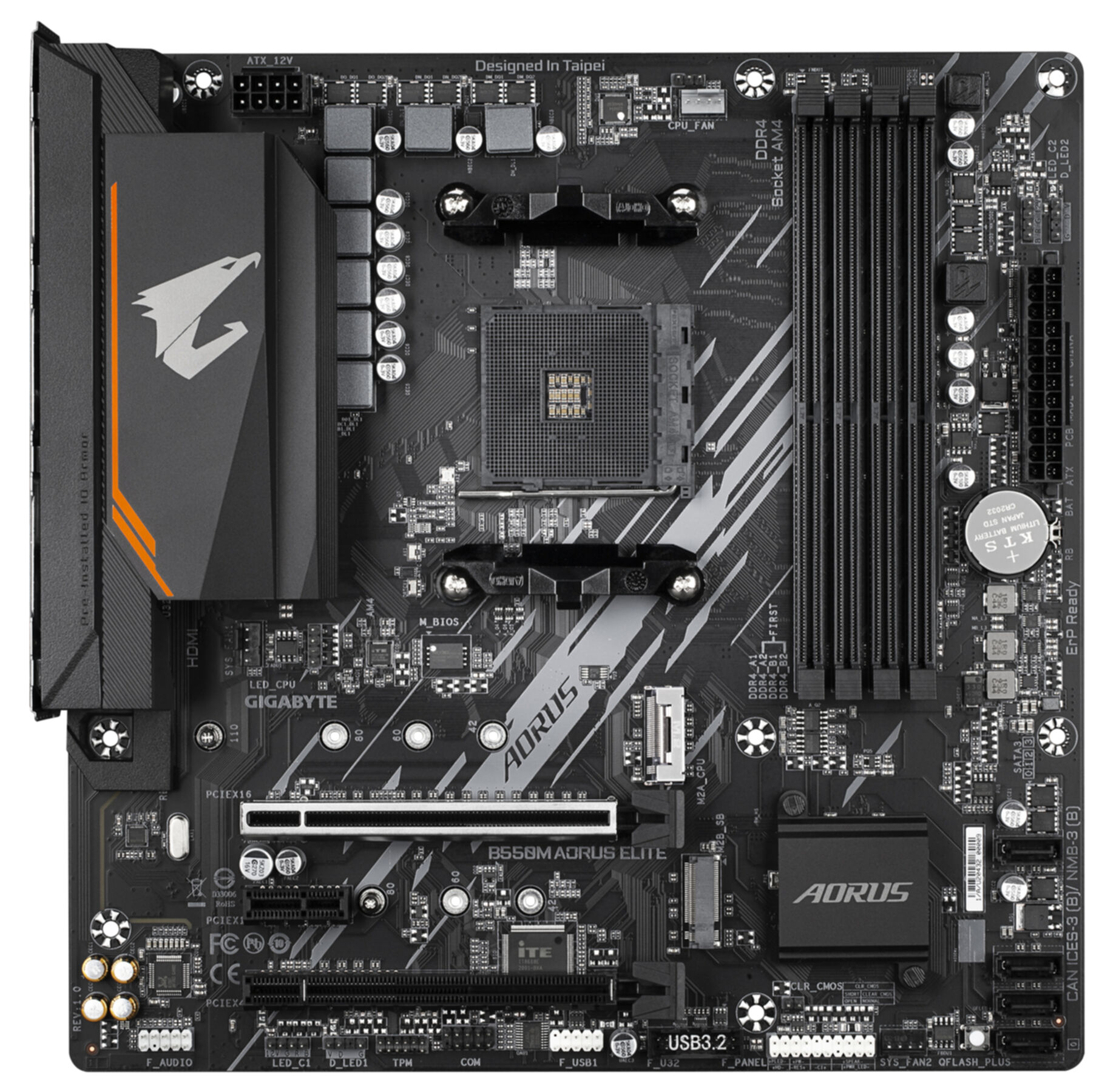 A computer motherboard with various components and the AORUS logo. It's black and gray.