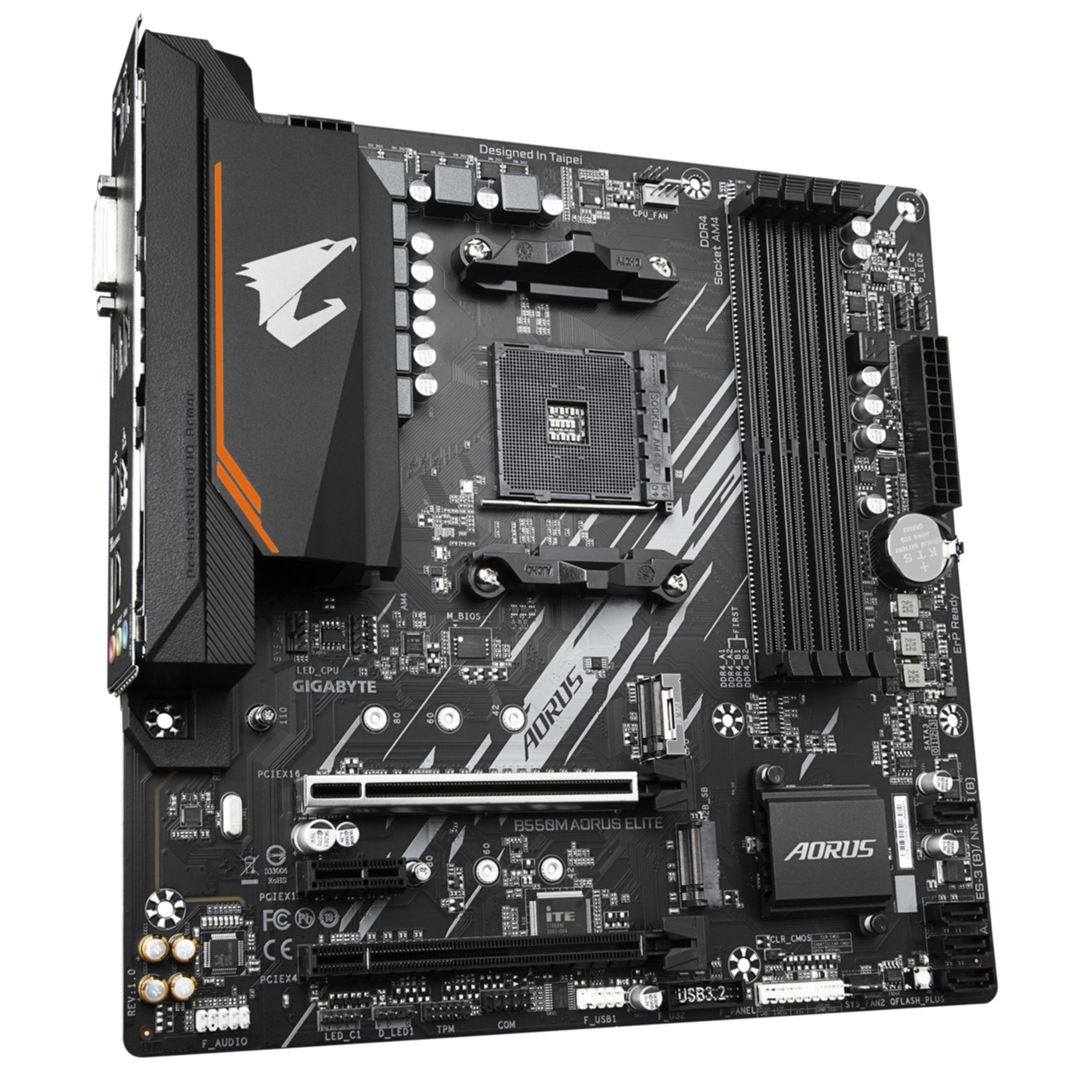 Computer motherboard with various components and logos against a white background.
