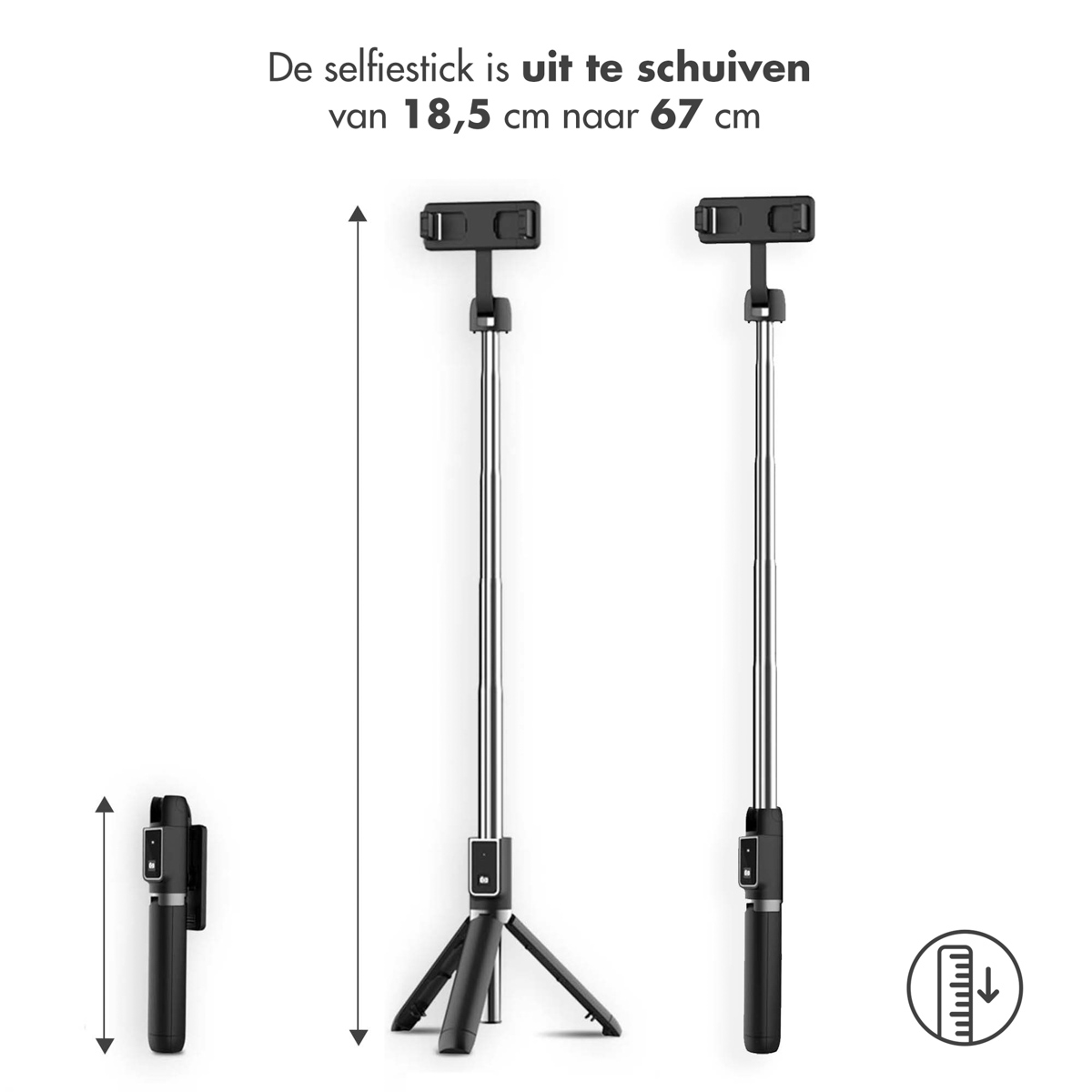 Black selfie stick, retracted and extended. Includes measurements in cm.