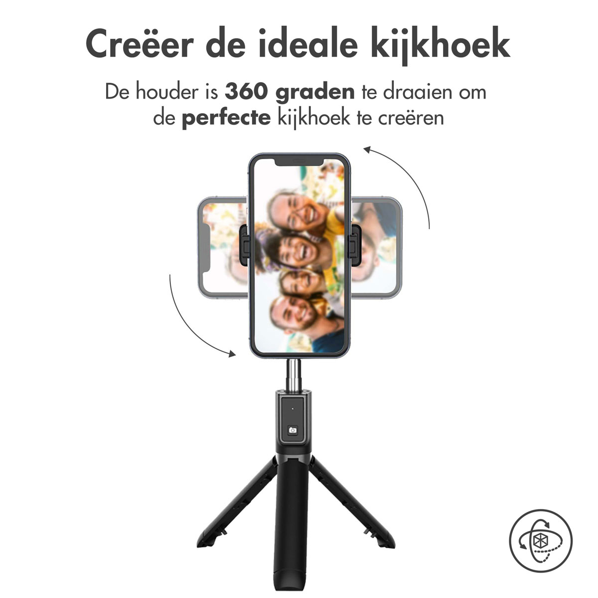 A phone on a tripod. The phone is showing a picture of people. The holder can rotate 360 degrees.