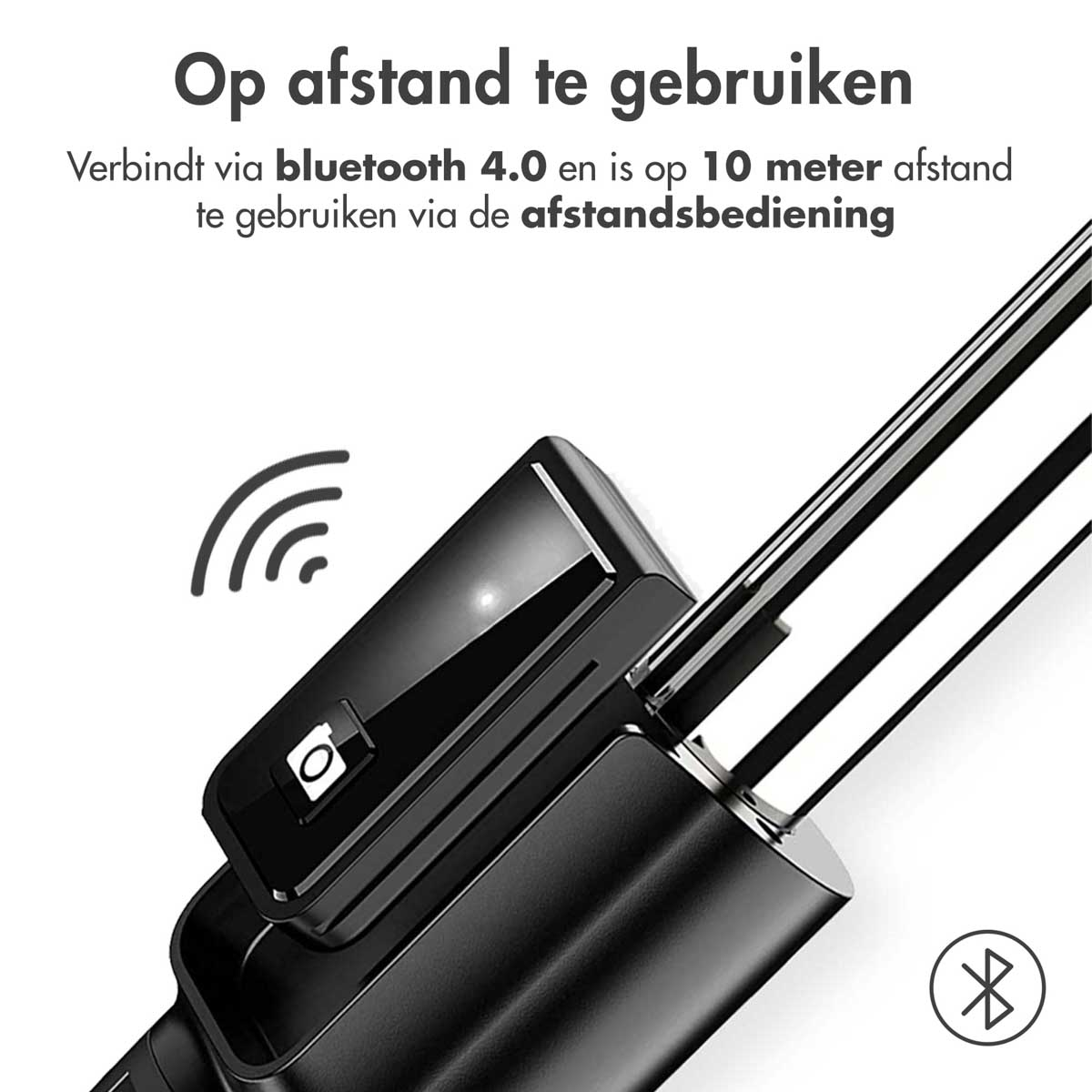 Black device with a button and text with a bluetooth symbol.