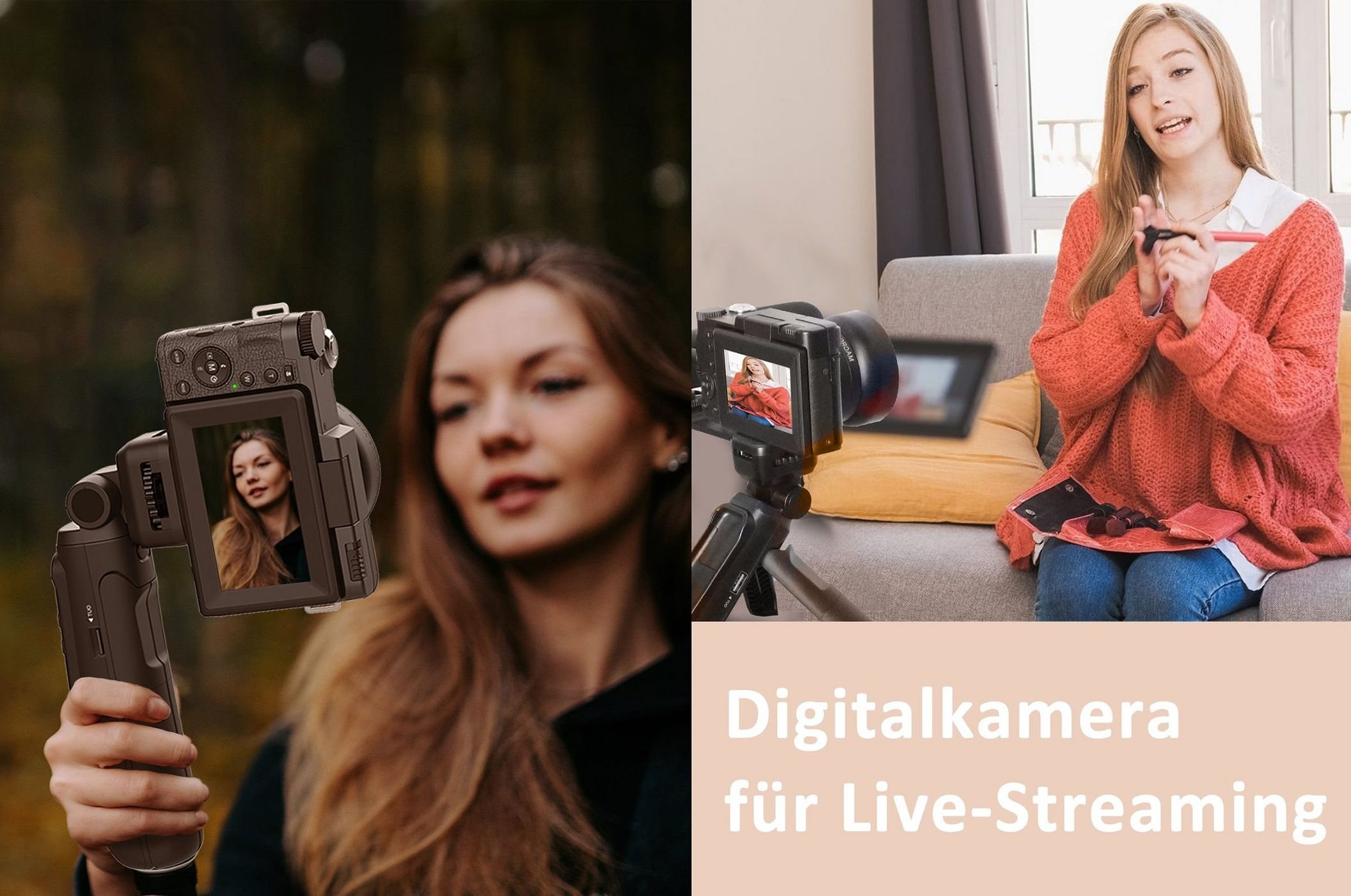 Eine Frau hält eine Kamera, und eine Frau nimmt sich in einem Raum mit einer Kamera auf.