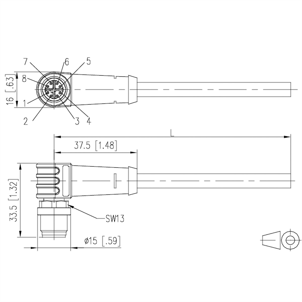 Un schéma technique d'un connecteur avec dimensions et étiquettes. Le connecteur a 8 broches.