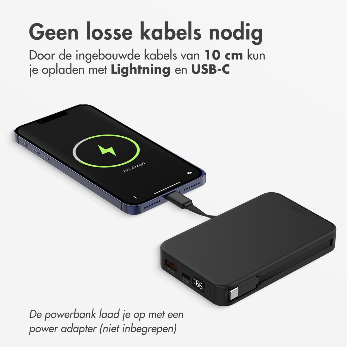 Schwarze Powerbank lädt ein Telefon. Telefon zeigt 75% geladen. Weißer Hintergrund.