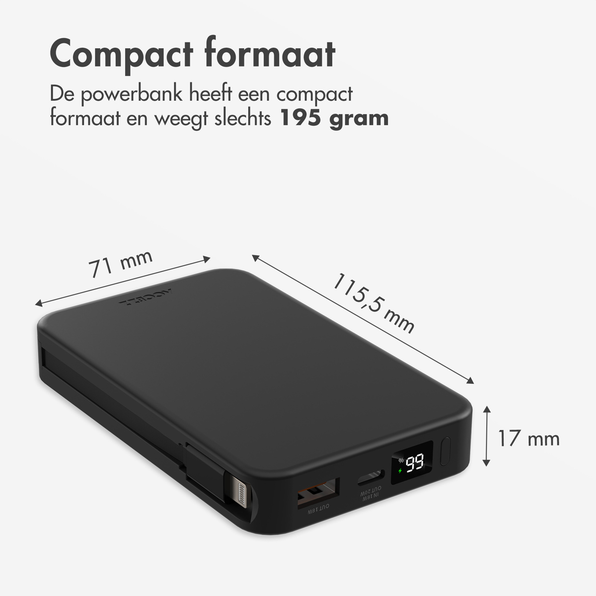 Schwarze Powerbank mit Digitalanzeige, Abmessungen und Text 'Compact formaat'.