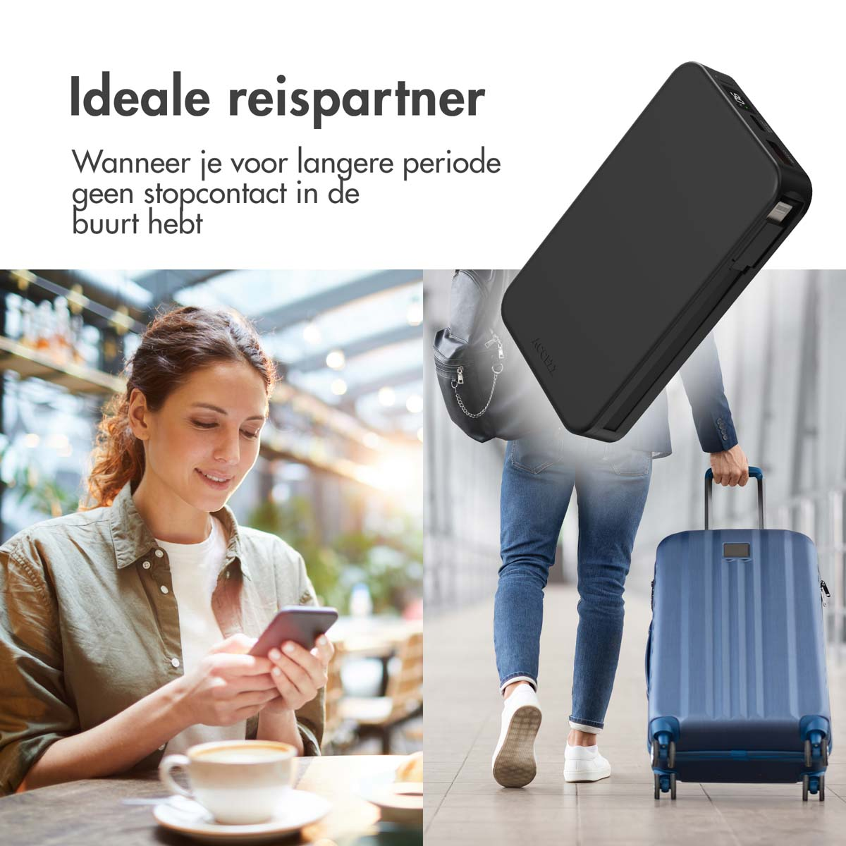 Frau benutzt Telefon, Mann mit Koffer. Text: Powerbank ist idealer Reisepartner.
