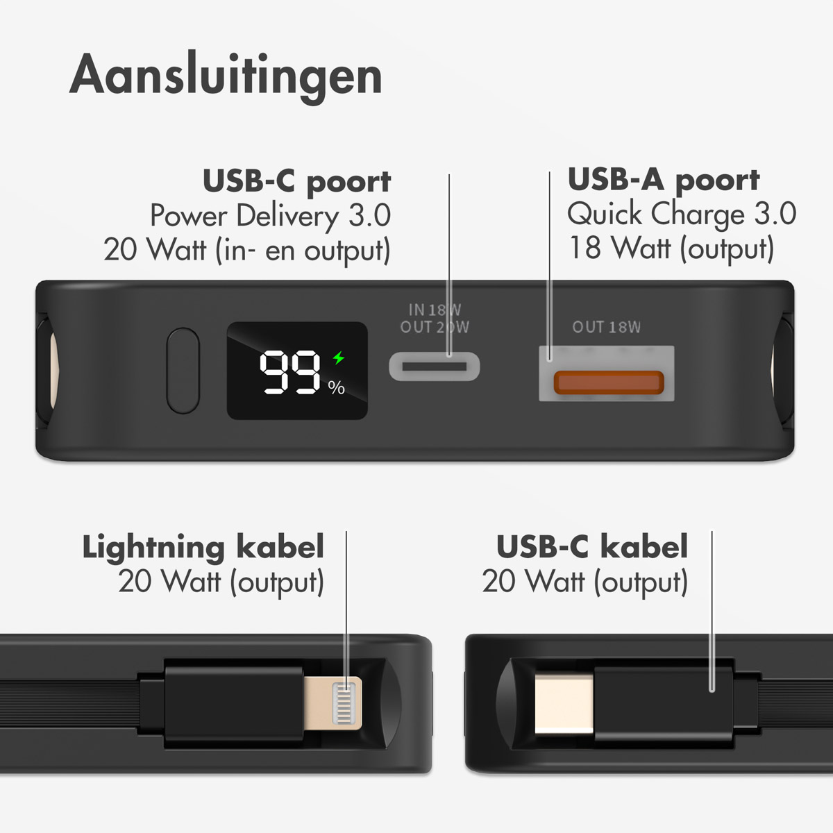 Schwarze Powerbank mit Lightning- und USB-C-Kabeln. Texte zeigen Ladeinfos. Hintergrund ist weiß.