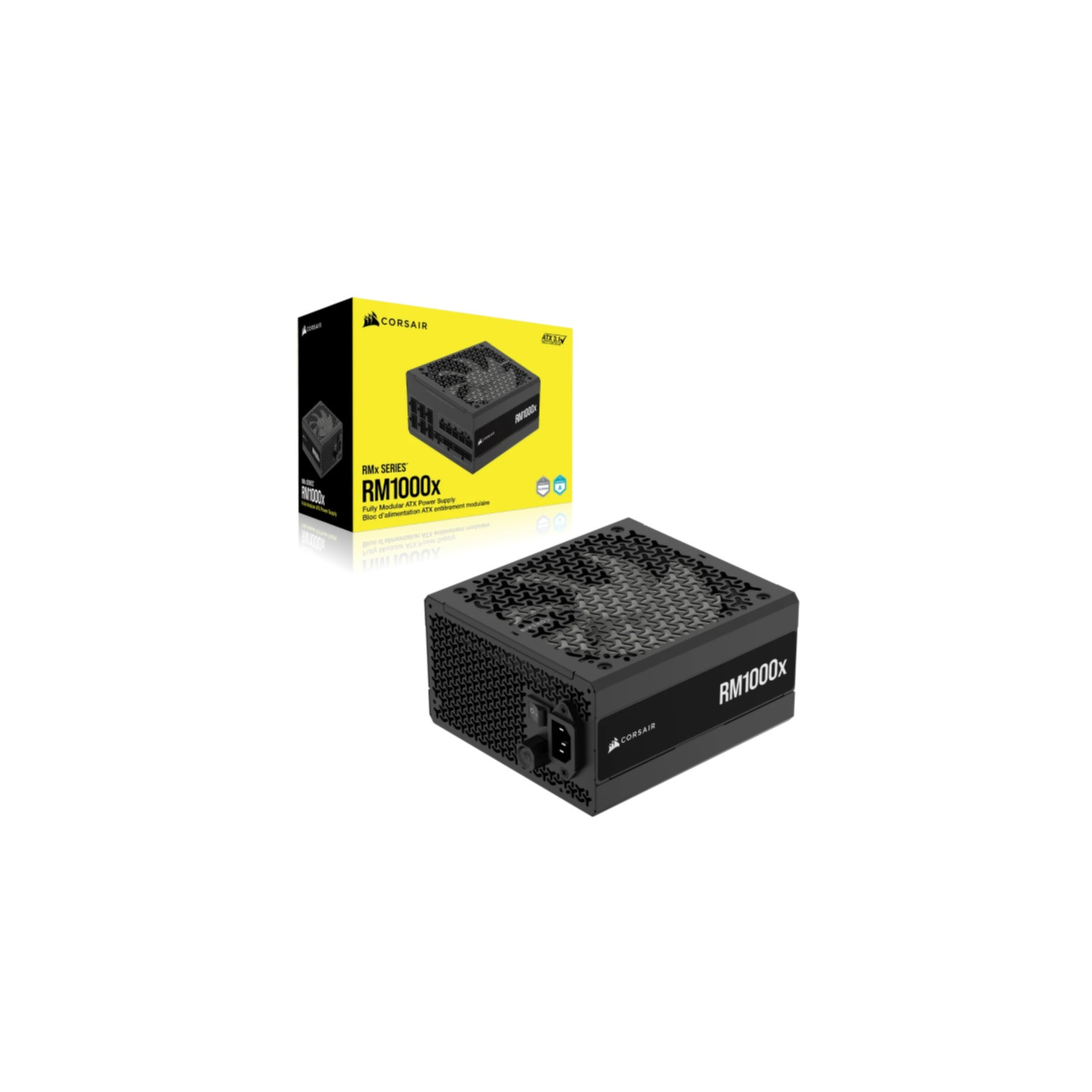 Czarny zasilacz Corsair RM1000x, czarna obudowa wentylatora, na białym tle.