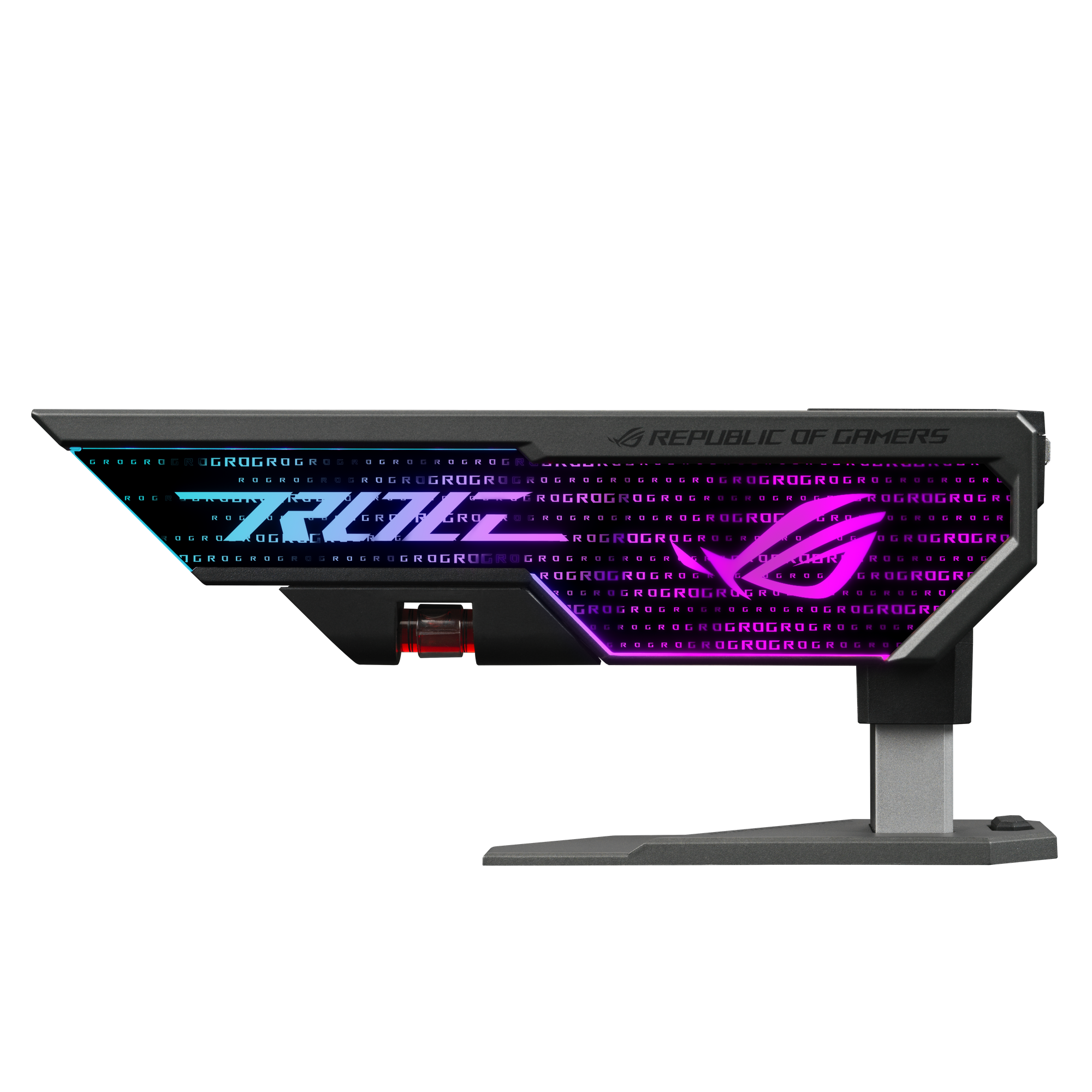 Accessorio per computer da gioco. Nero e grigio con luci RGB e logo ROG.