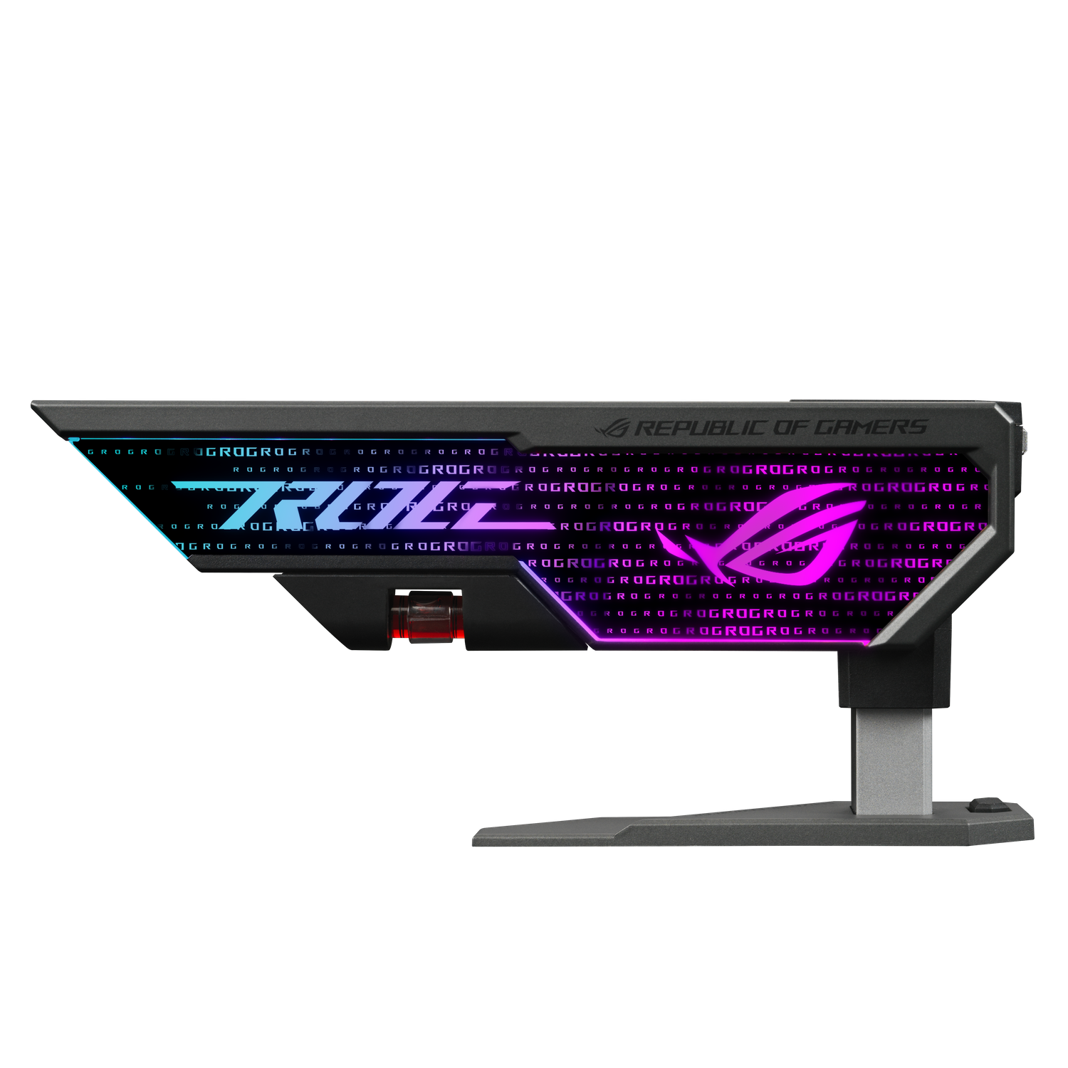 Supporto per monitor da gioco. Nero con logo ROG e illuminazione RGB.