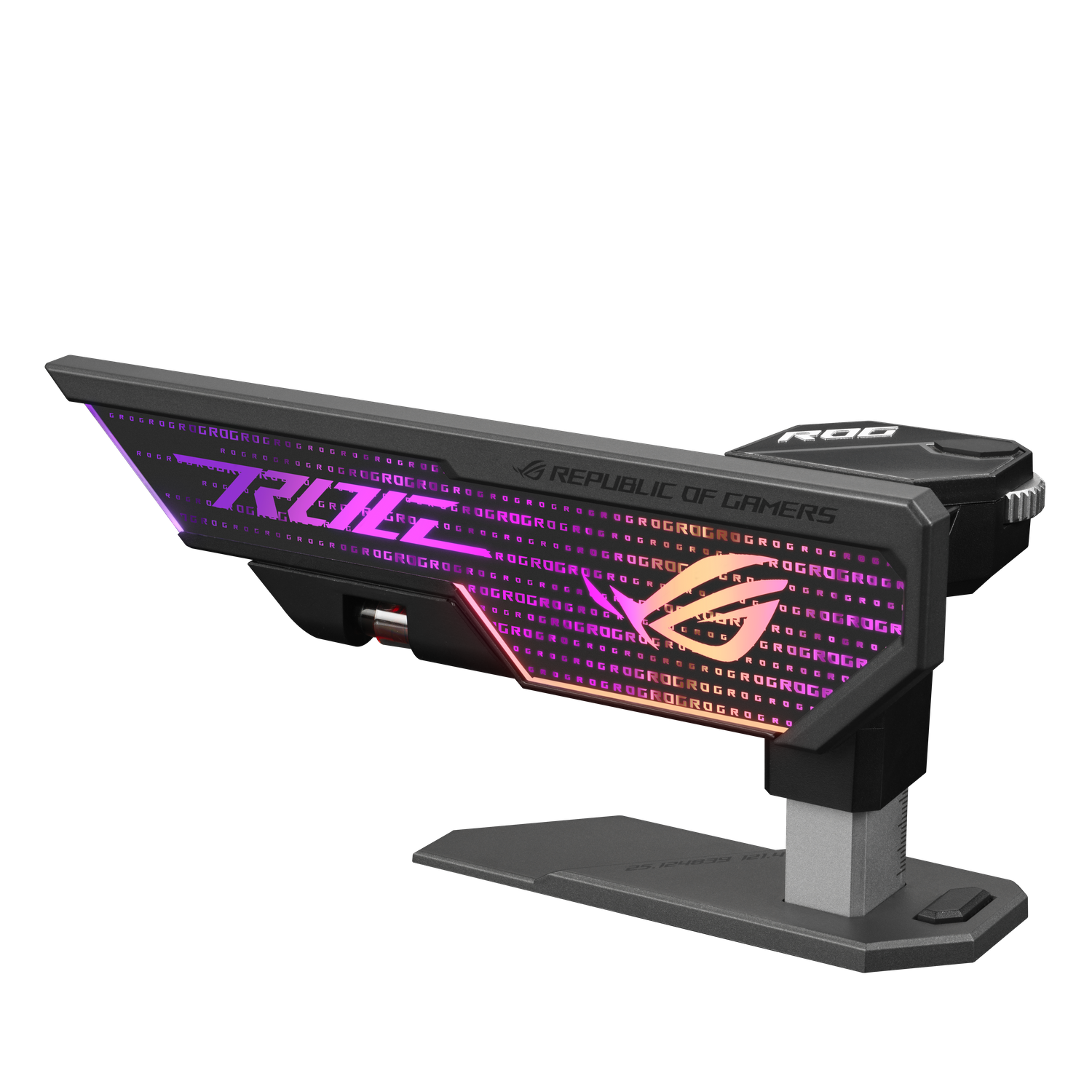 Dispositivo ROG su un supporto, con logo illuminato. Sfondo scuro.