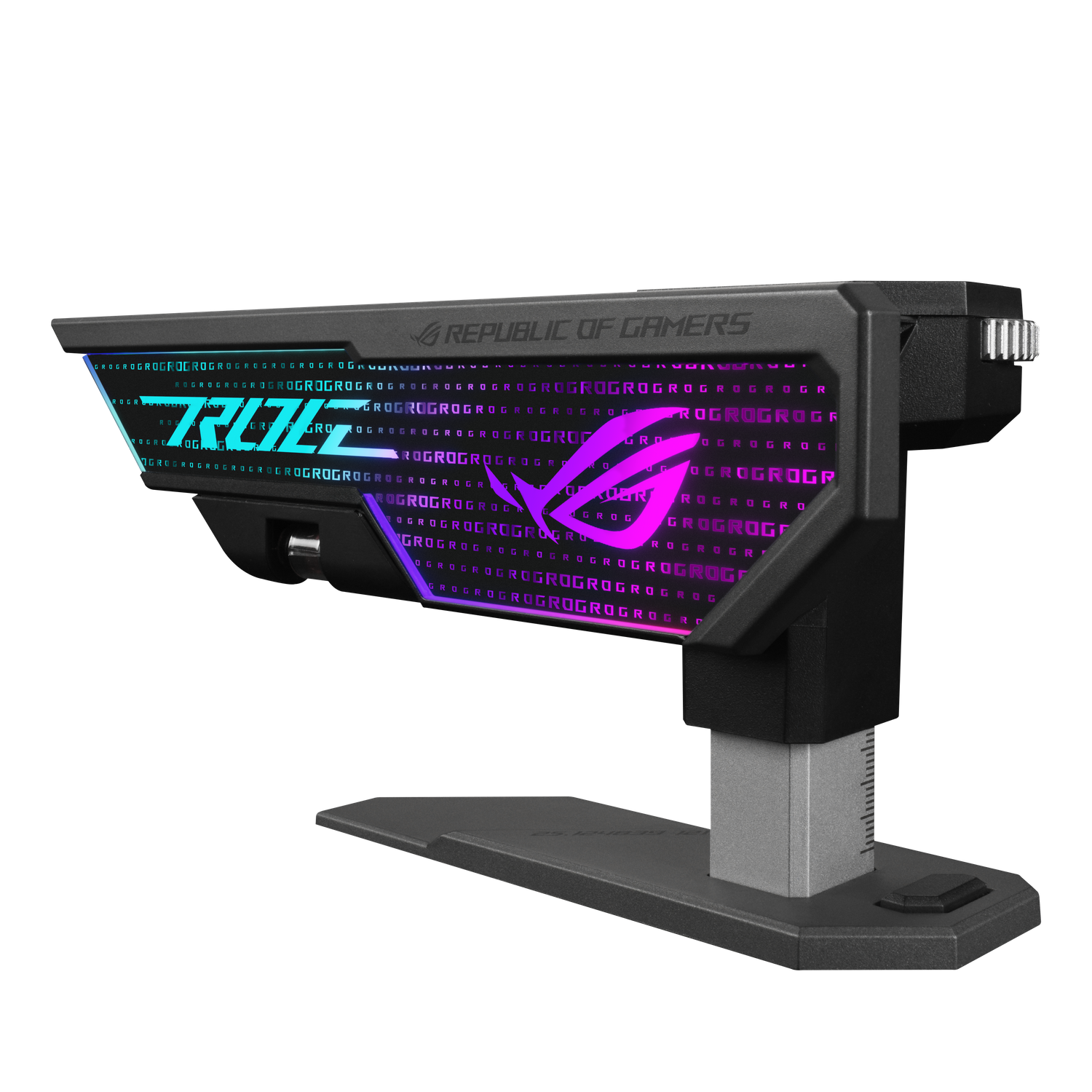 Dispositivo di gioco con logo ROG. Le luci a LED illuminano il dispositivo. Schema colori nero e argento.