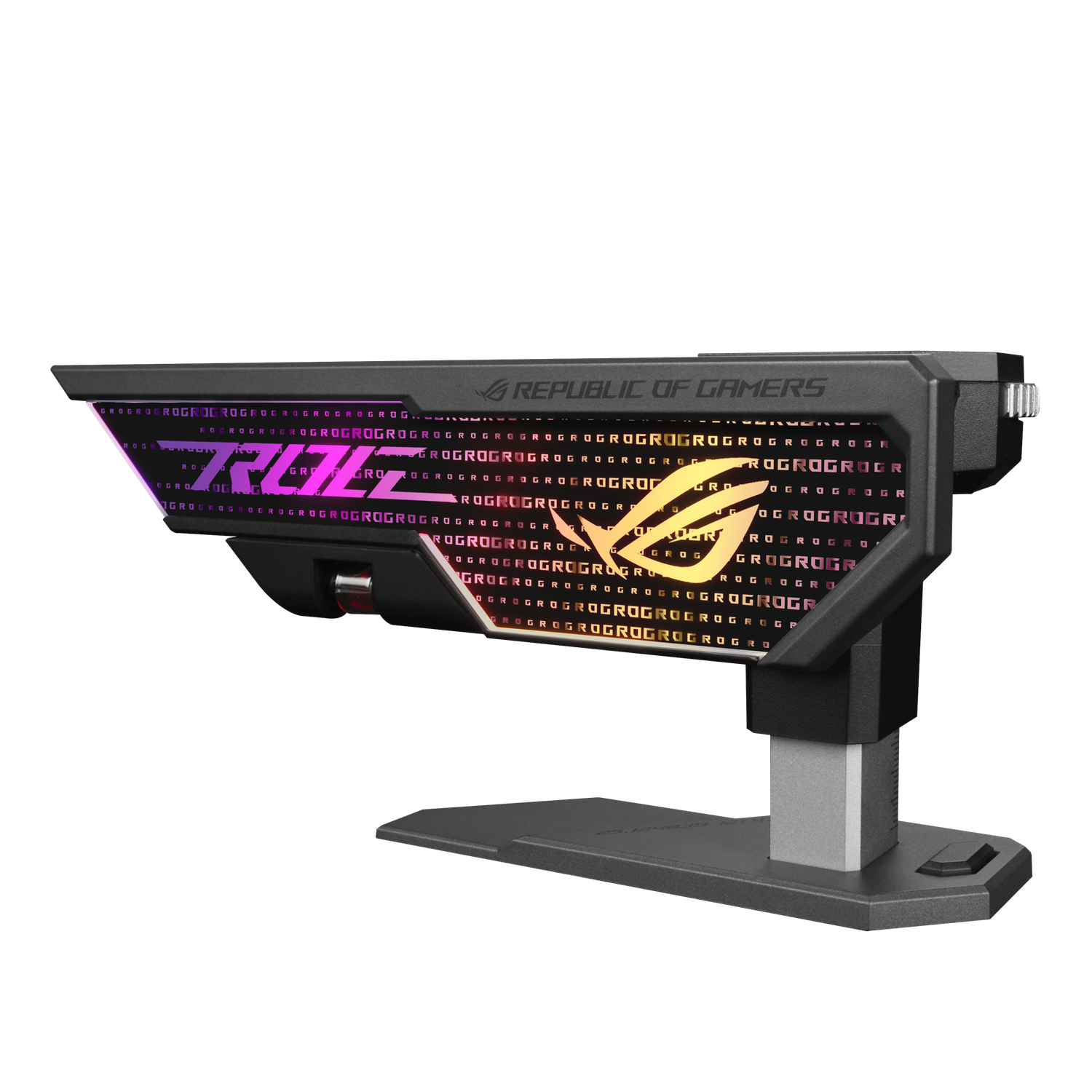 Accessorio da gioco con logo ROG e aree illuminate. Base nera con supporto. Luci a gradiente di colore.