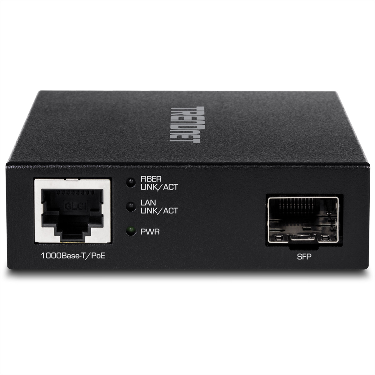 Ein schwarzer Netzwerk-Switch mit verschiedenen Anschlüssen und Indikatoren. Der Markenname ist sichtbar.
