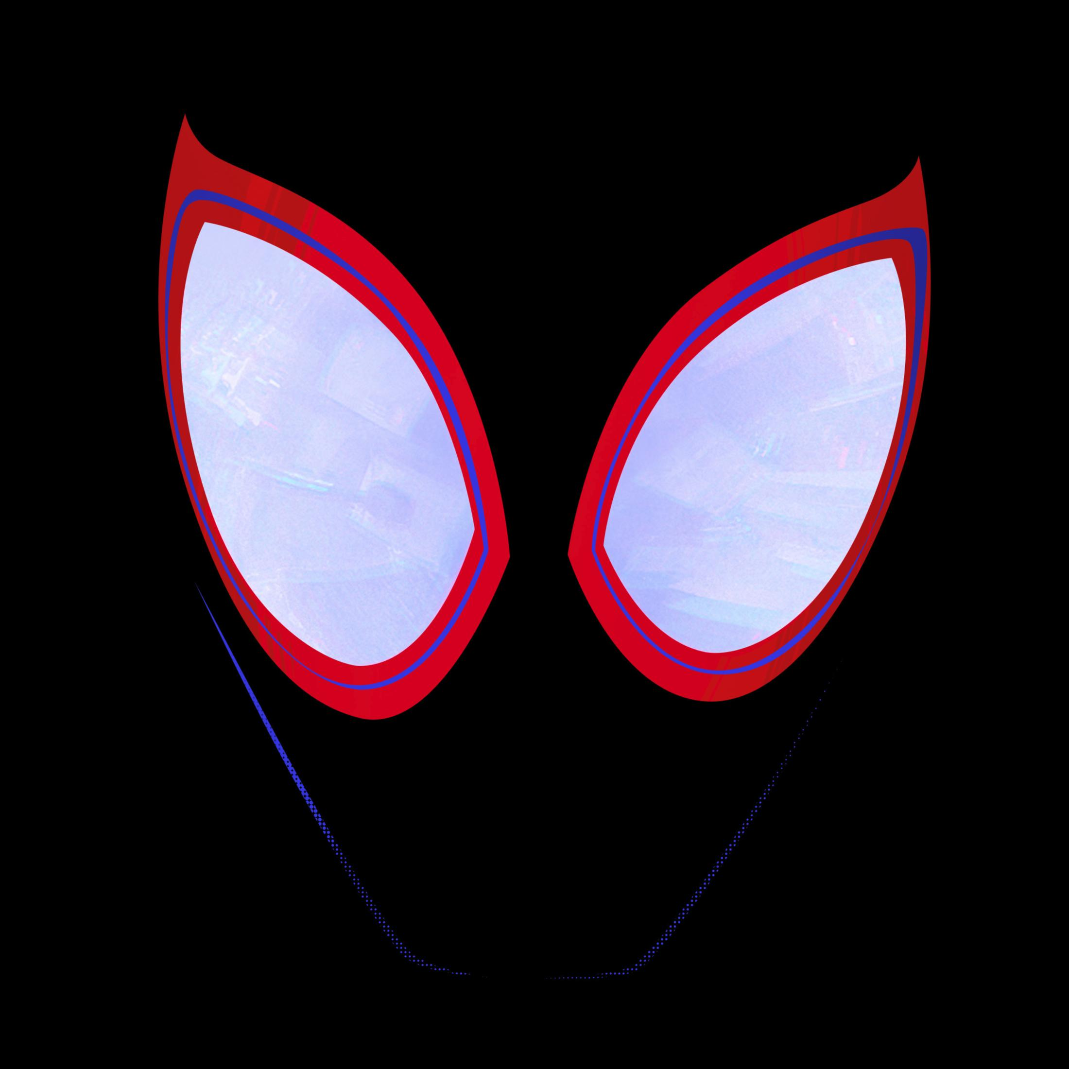 Spider-Man-masker uit de film Into the Spider-Verse. Rode en blauwe ogen met een zwart gezicht.