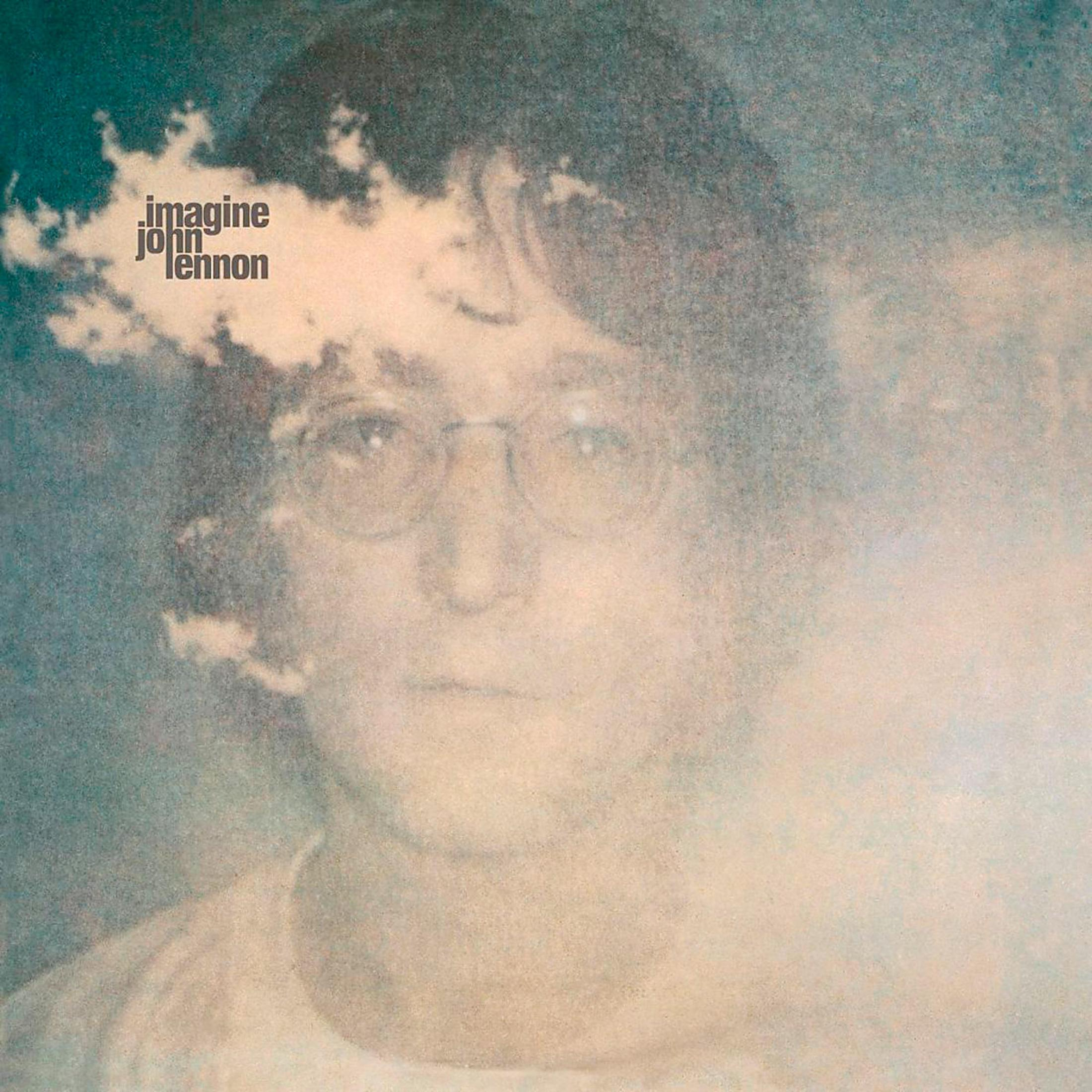 Albumhoes: Imagine van John Lennon. Portret van Lennon met bril, zachte focus.