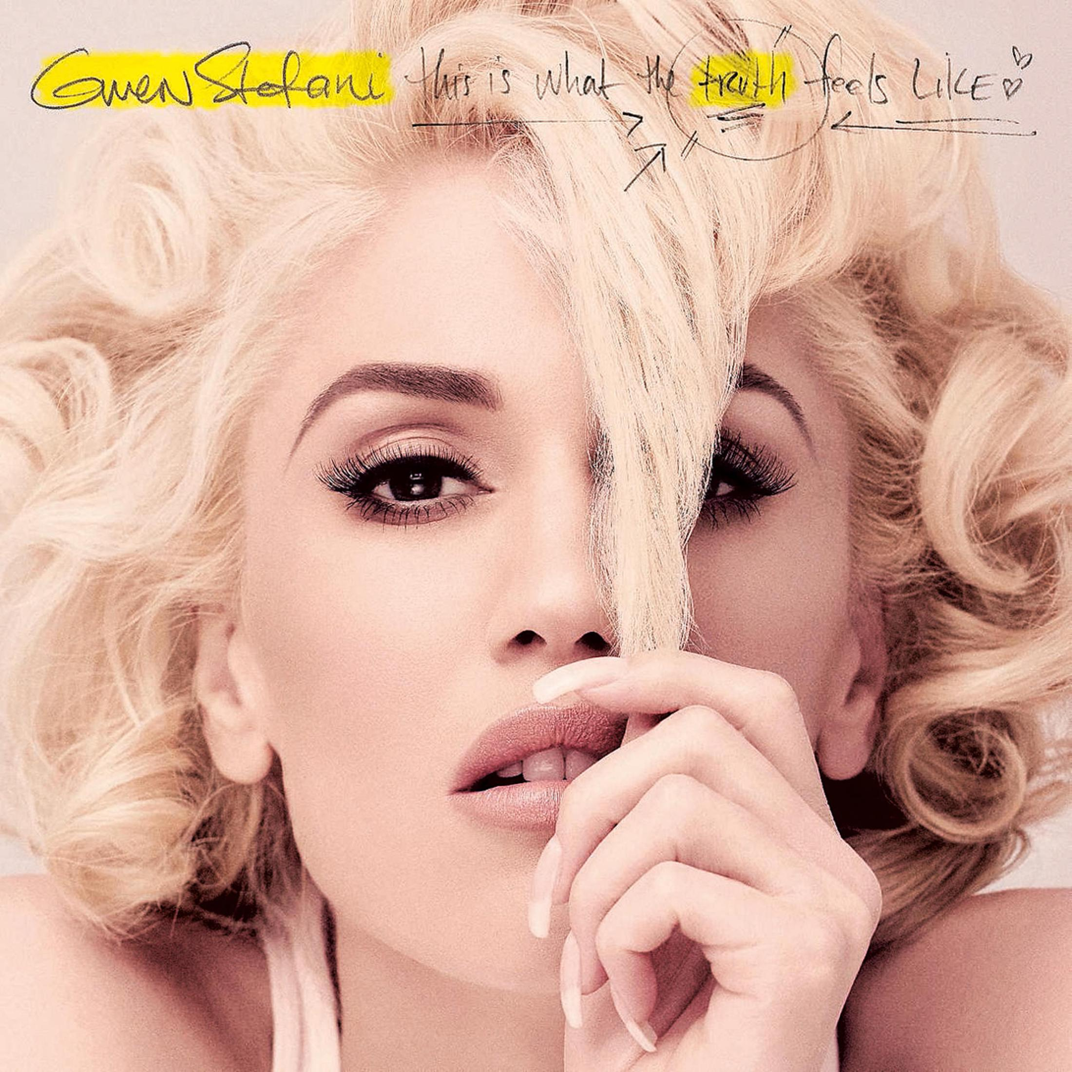 Gwen Stefani albumhoes. Blonde vrouw, close-up, hand bij gezicht. Tekst: This is what the truth feels like.