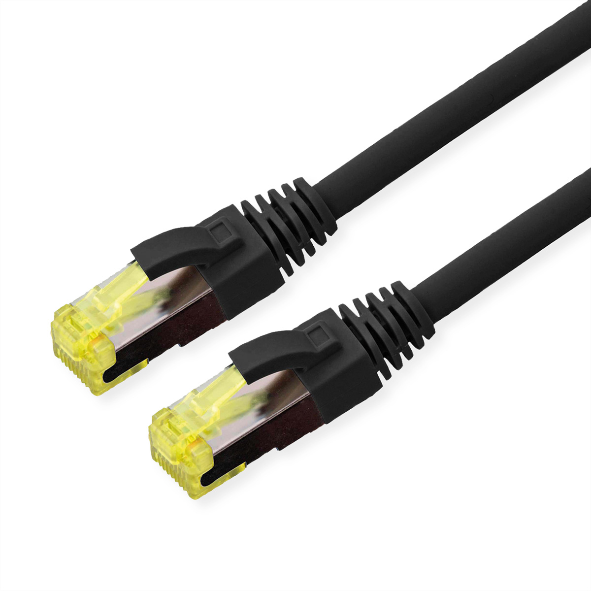 Twee zwarte Ethernet-kabels met connectoren. Gele en zwarte connectoren.